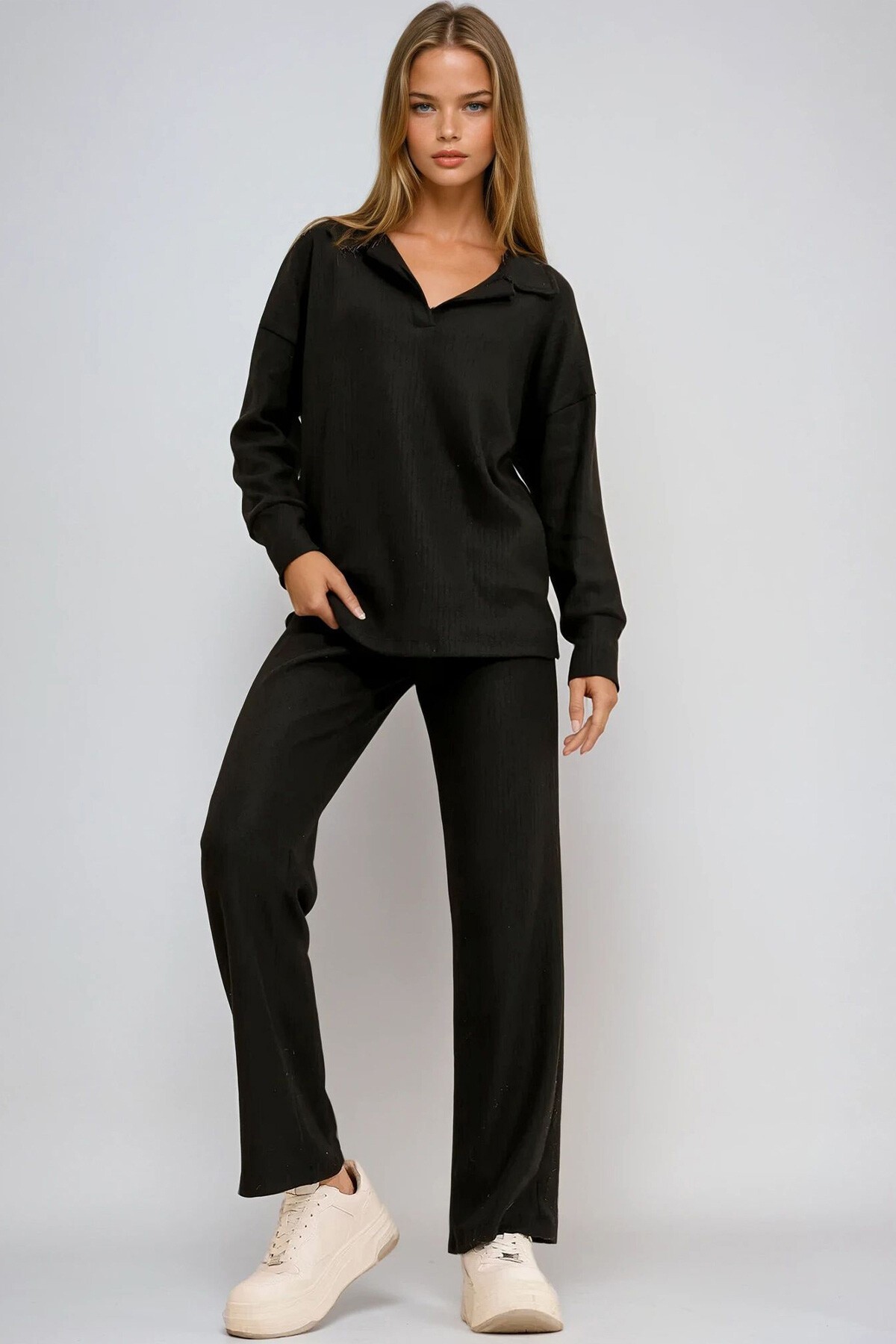 Siyah Polo Yaka Üst Ve Palazzon Pantolon Triko Alt Üst Takım