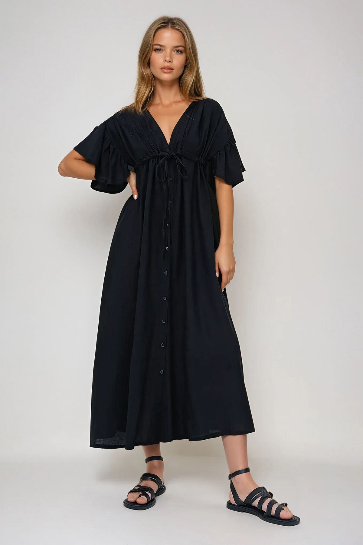 Siyah V Yaka Sırt Dekolteli Bağlama Detaylı Önü Düğmeli Yazlık Poplin Elbise