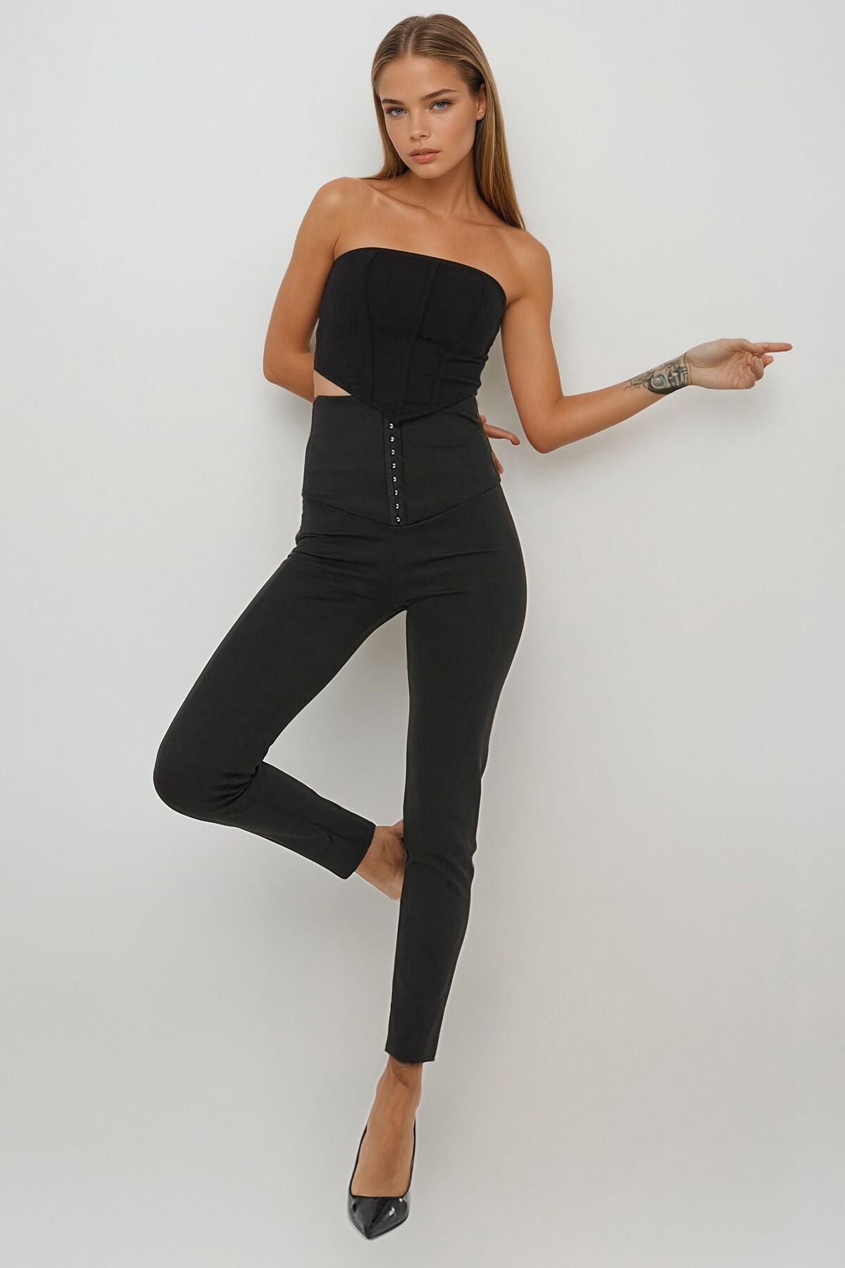 Siyah Yüksek Bel Agraflı Korse Skuba Tayt