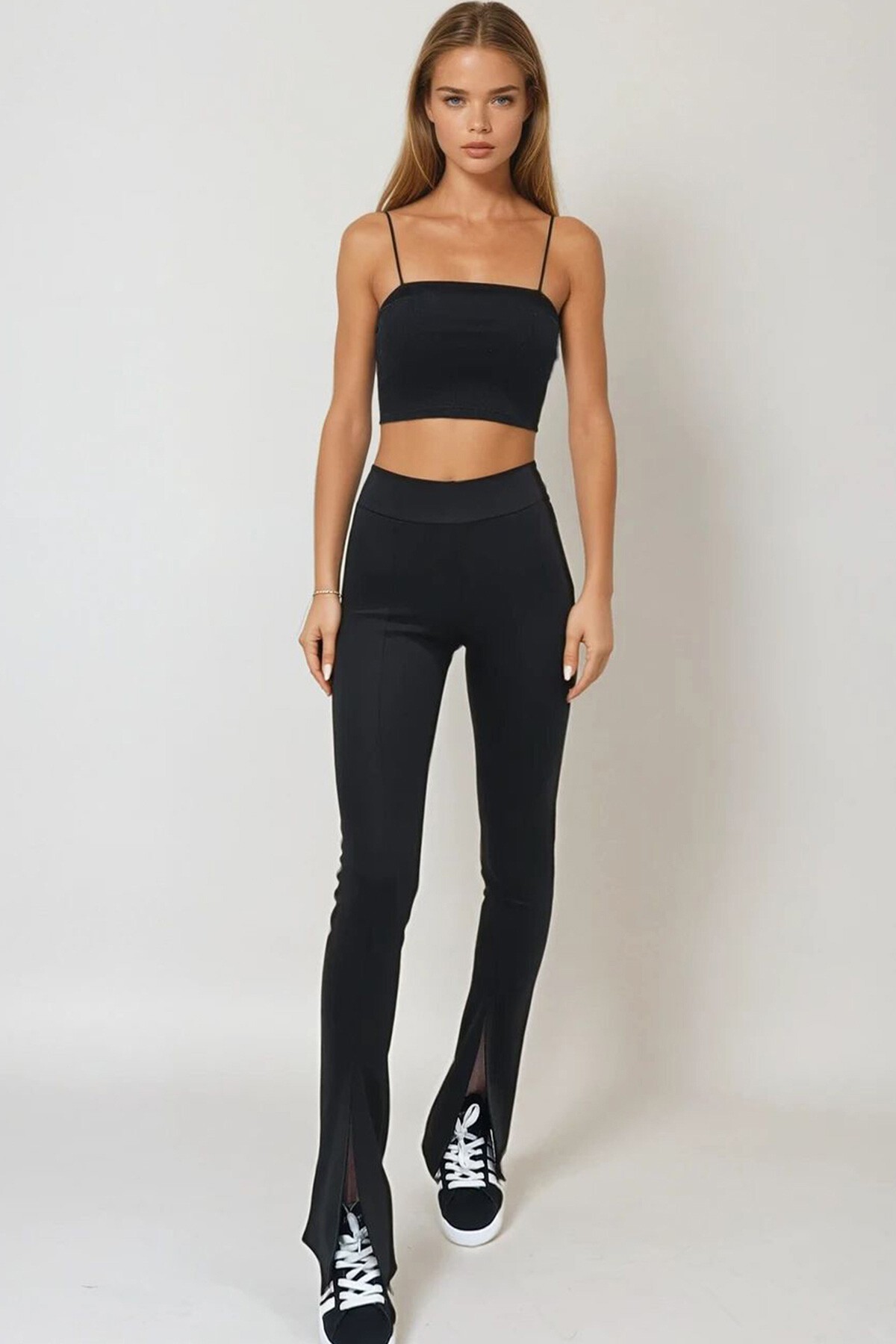 Siyah Yüksek Bel Önü Dikişli İspanyol Paça Ve Çapraz Yırtmaçlı Scuba Pantolon