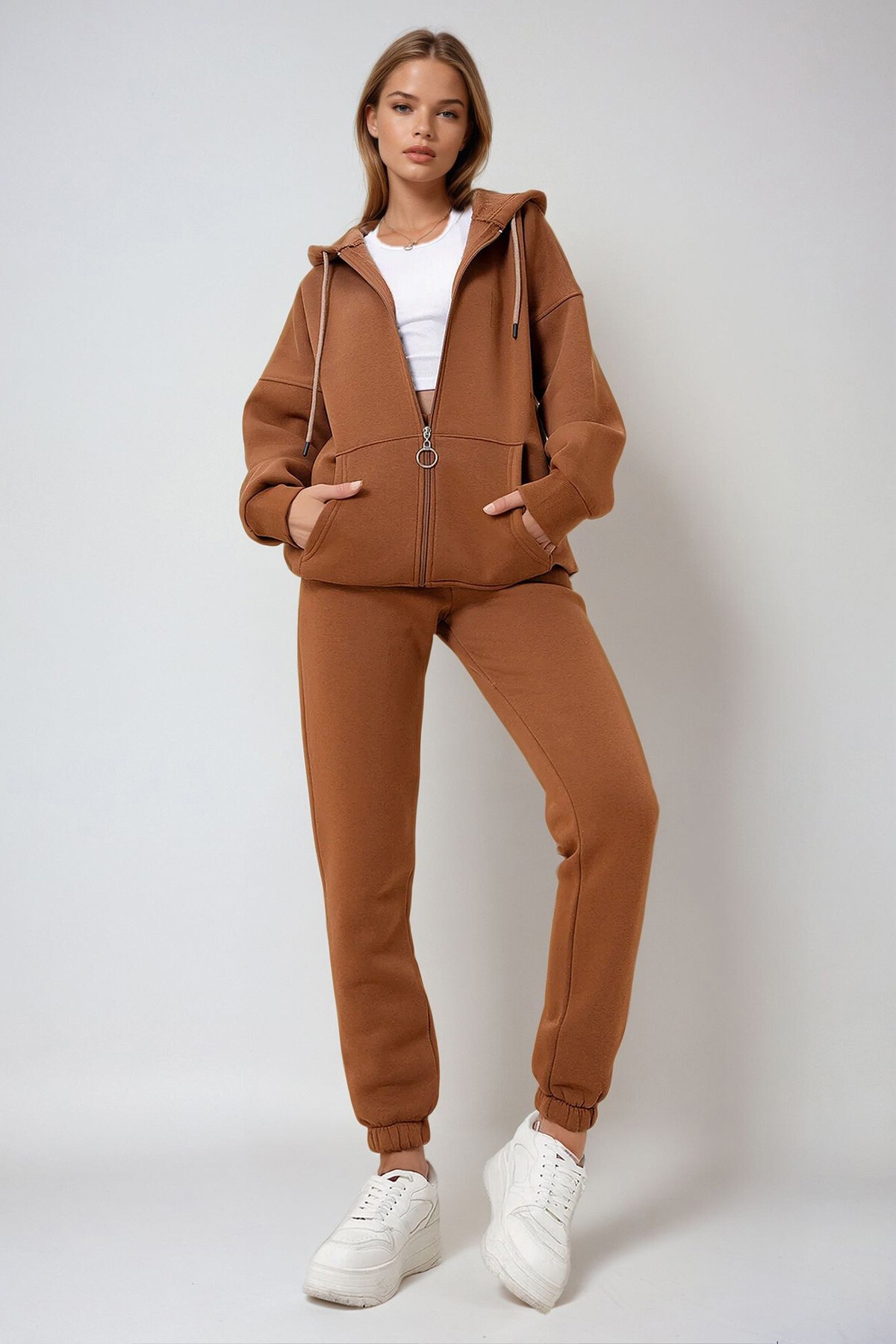 Tarçın Kapüşonlu Kanguru Cepli 3 İplik İçi Şardonlu Eşofman Takım