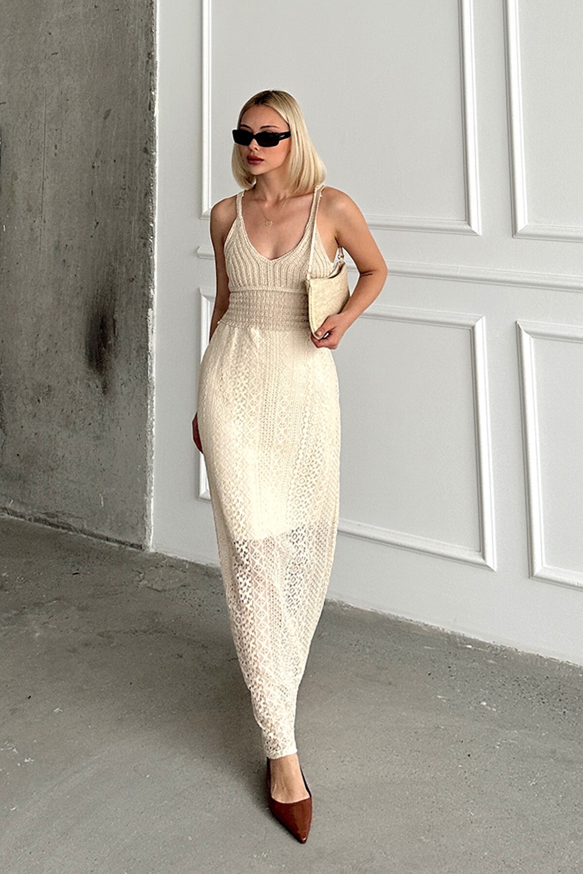 Taş V Yaka İçi Astarlı  Kroşeta Elbise