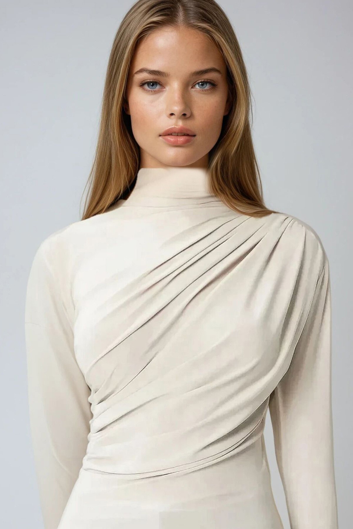 Taş Yarım Balıkçı Drape Detaylı Sandy Bluz