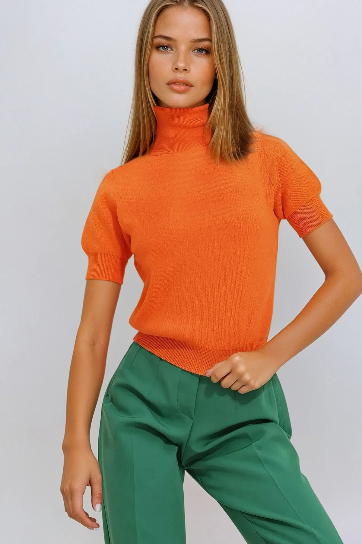 Turuncu Balıkçı Yaka Kısa Kol Basic Triko Kazak