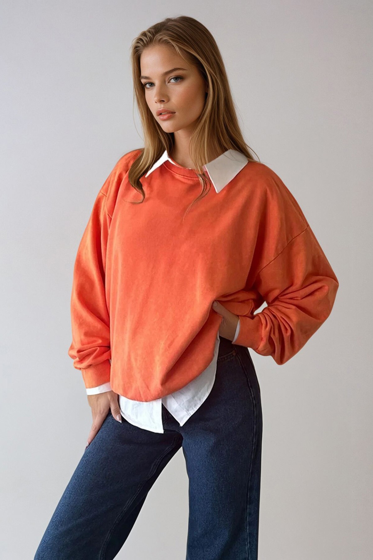 Turuncu Bisiklet Yaka Oversize Mevsimlik Basic Sweatshirt