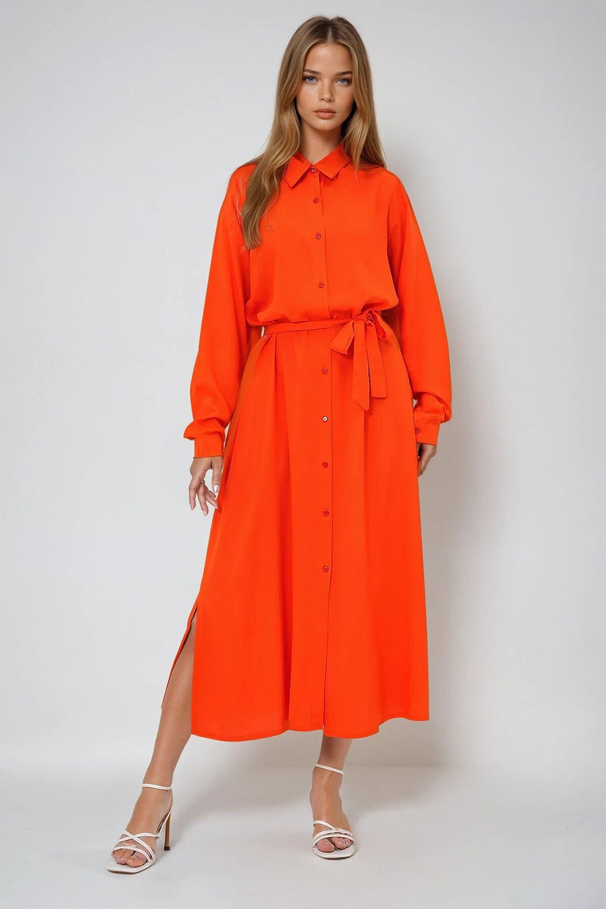 Turuncu Dokuma Viskon Gömlek Elbise