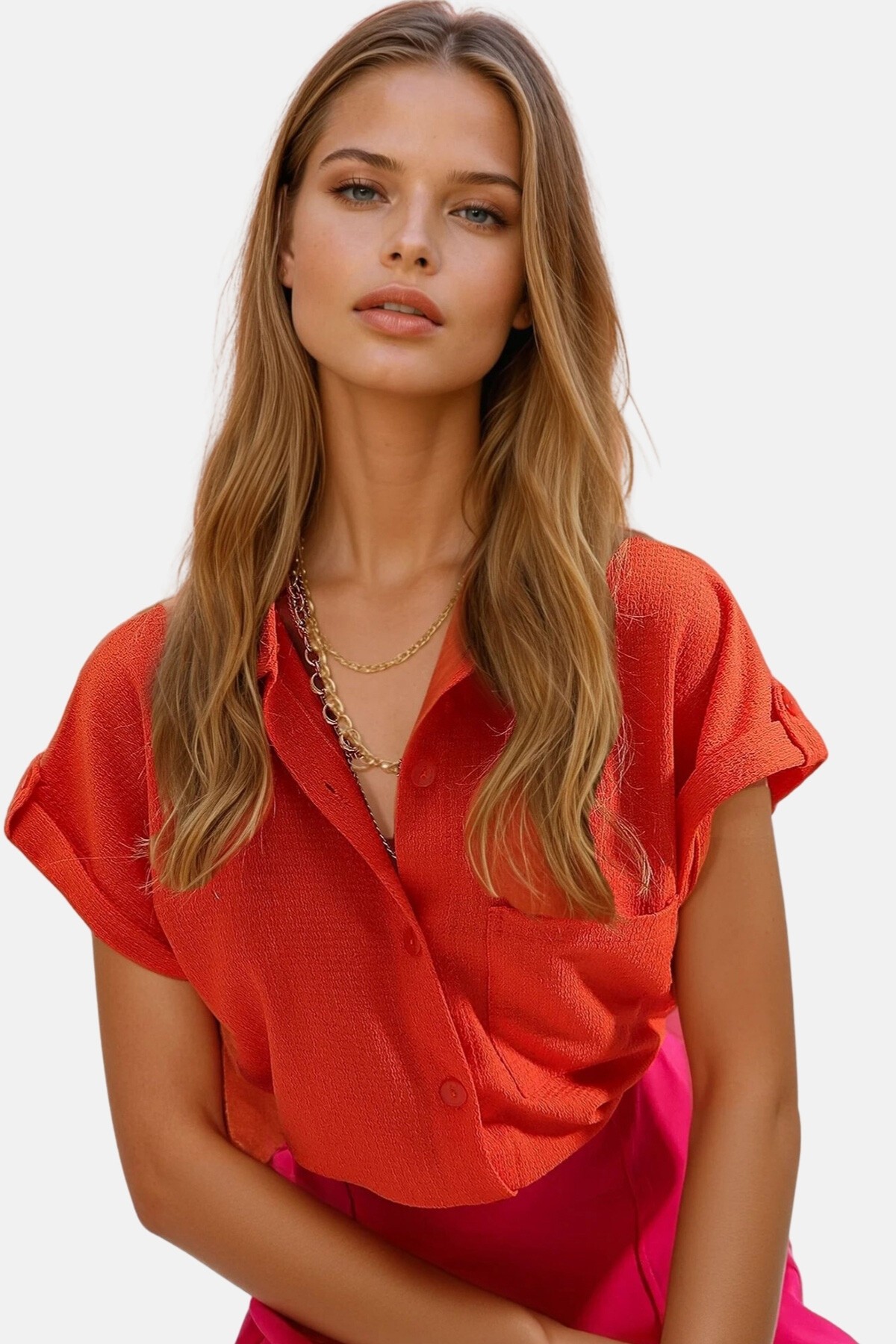 Turuncu Manşetli Duble Kısa Kollu Dokulu Gömlek