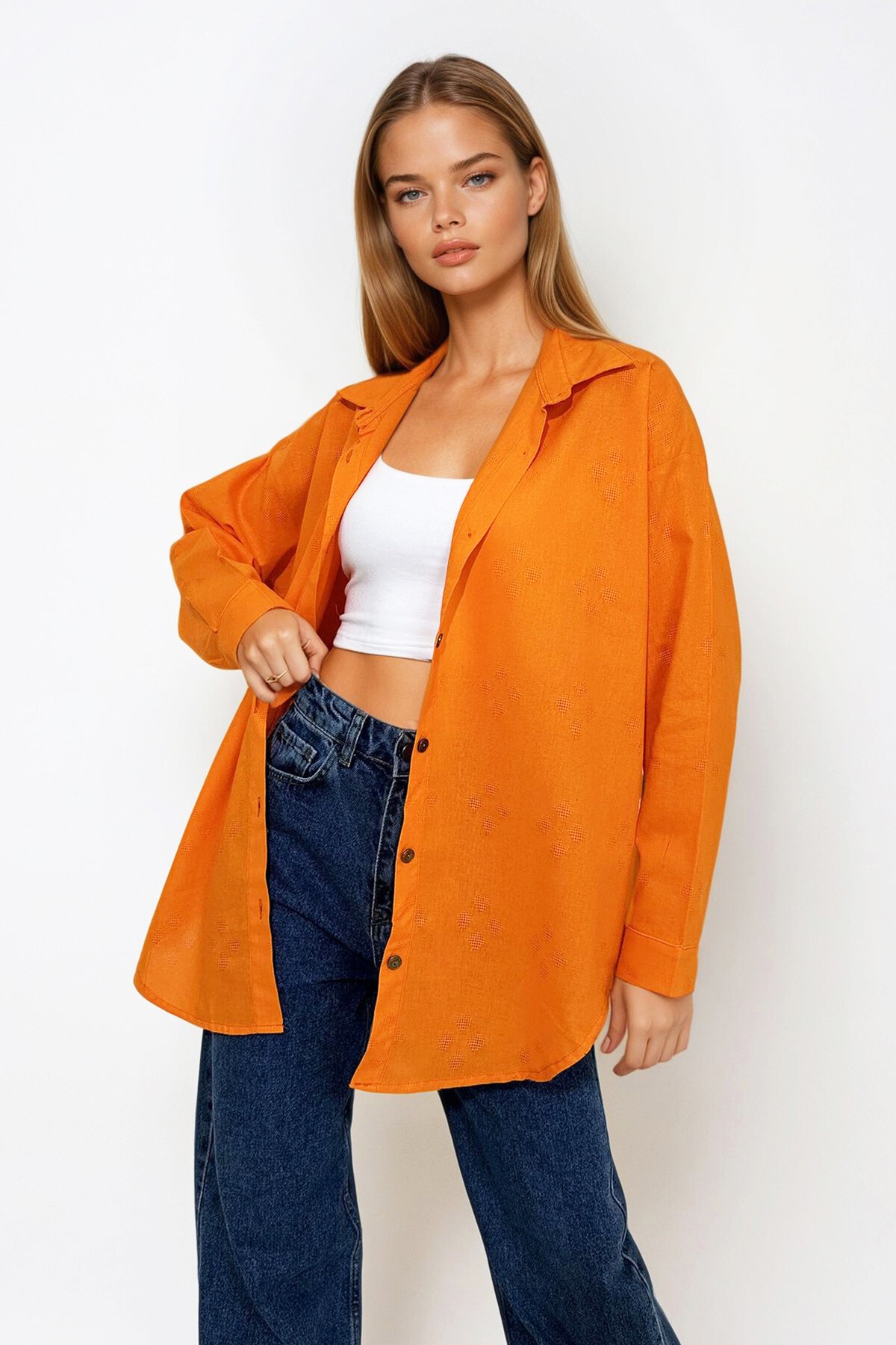 Turuncu Motifli Oversize Keten Gömlek