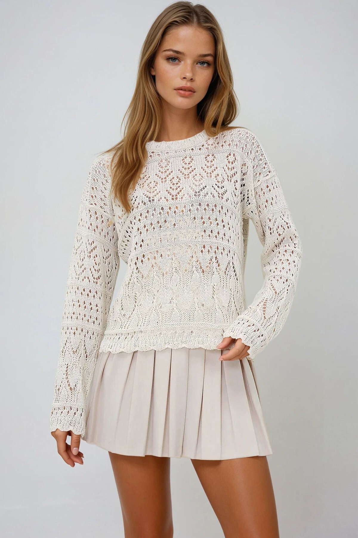 Vanilya Delik Ajurlu Motifli Yazlık Triko Bluz