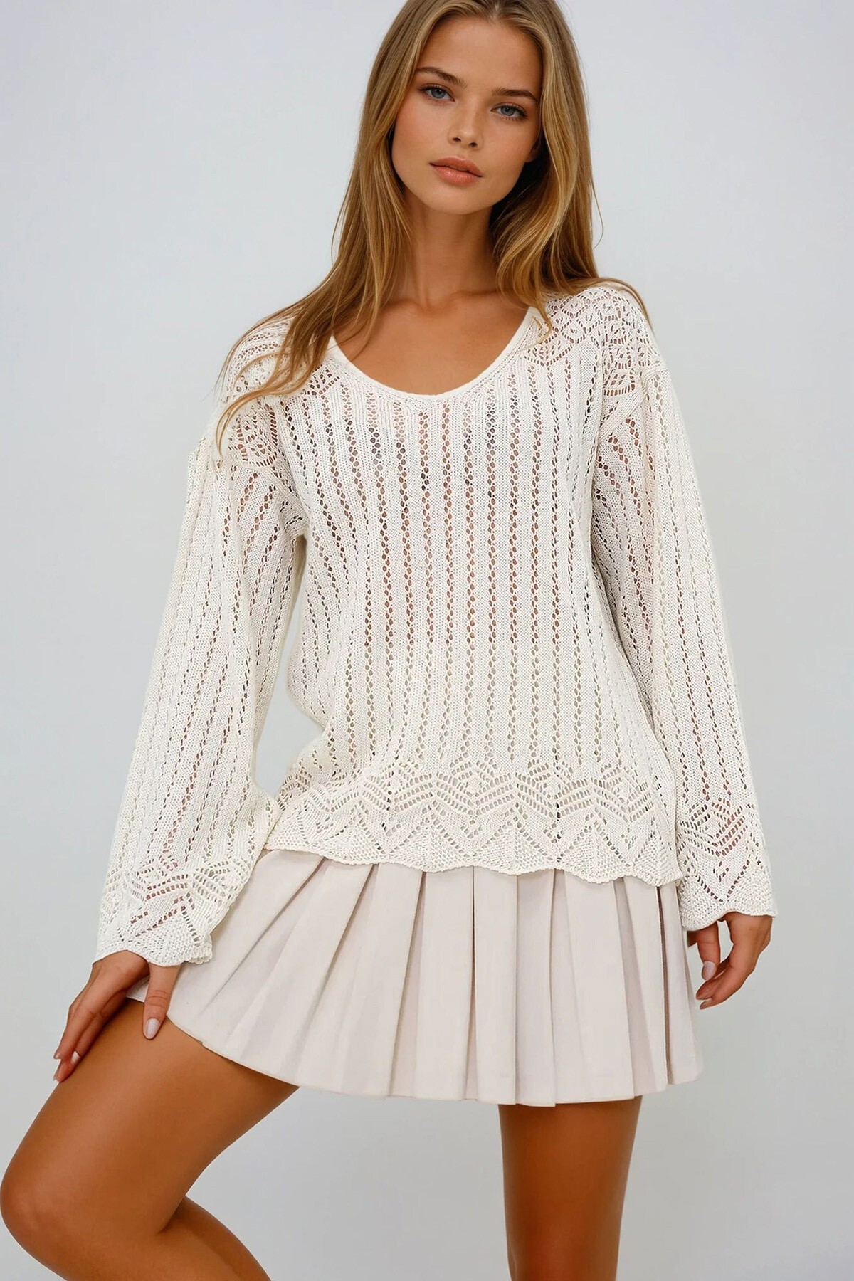 Vanilya Kayık Yaka Ajuru Yazlık Triko Bluz