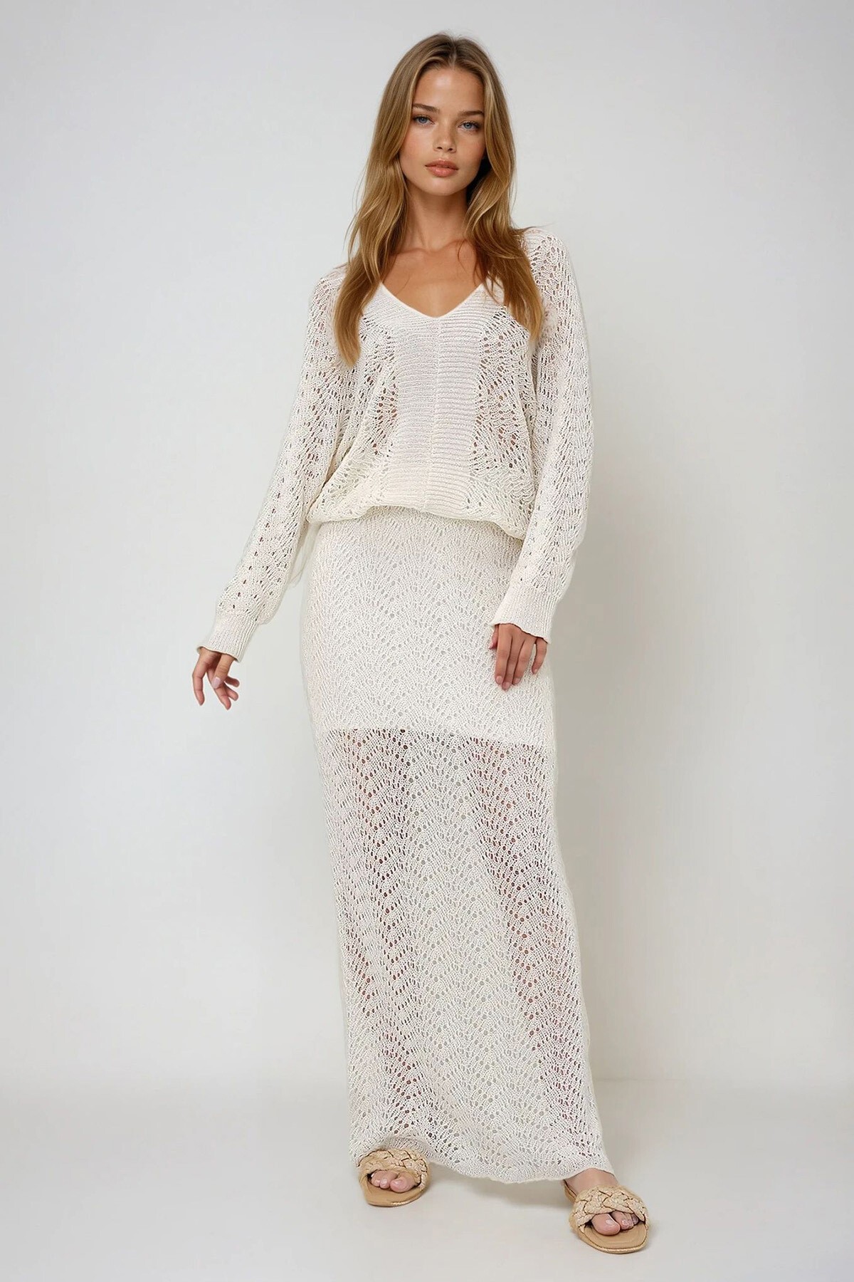 Vanilya Ön Arka V Yaka İçi Astarlı Maxi Boy Yazlık Triko Elbise