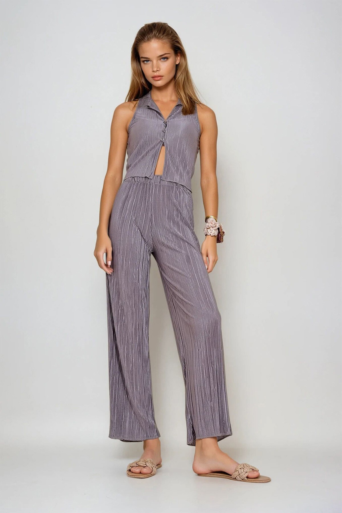 Vizon Pileli Gömlek Ve Palazzo Pantolon İkili Takım