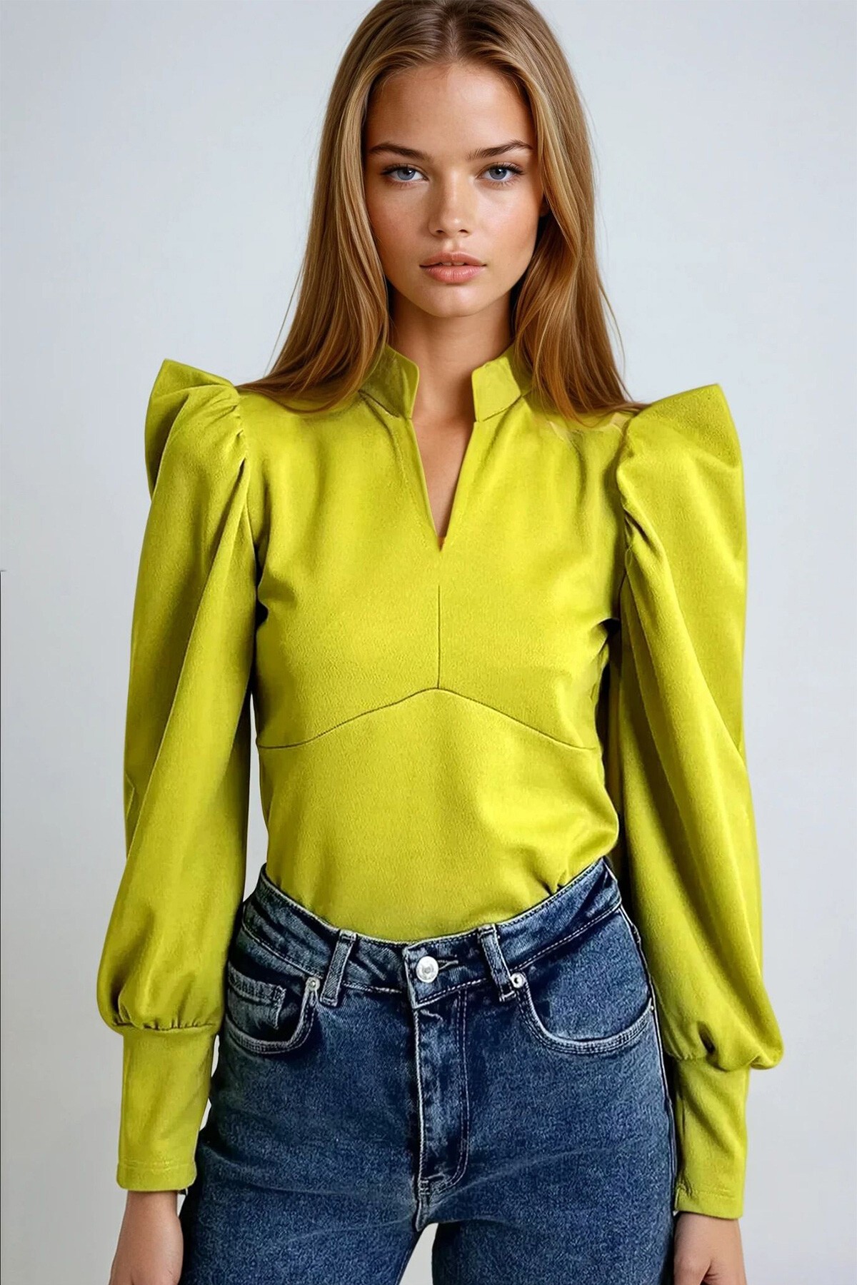 Yağ Yeşili Hakim Yaka Prenses Kol Dokuma Crop Bluz