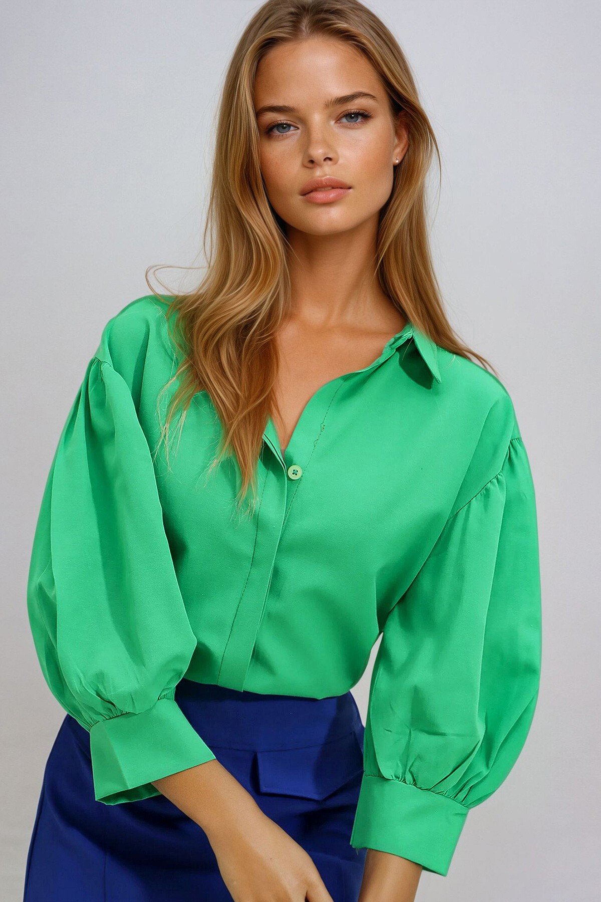 Yeşil Balon Kol Gizli Patlı Dokuma Gömlek
