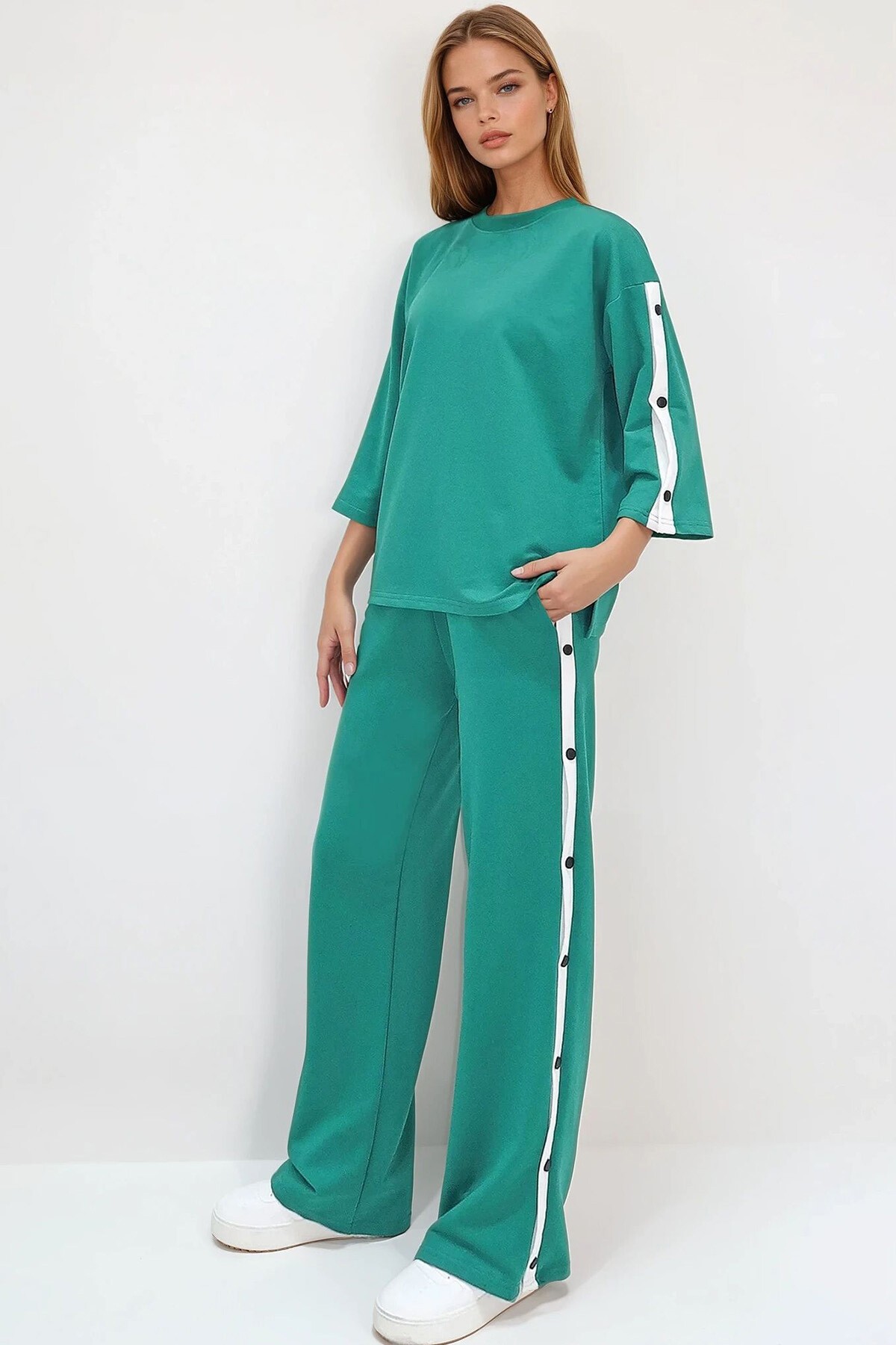 Yeşil Bisiklet Yaka Çıtçıt Kapamalı İli İplik Eşofman Takım