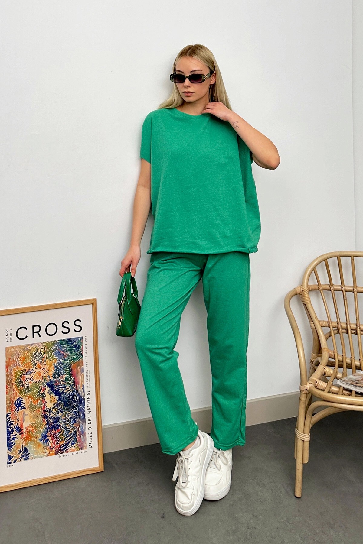 Yeşil Bisiklet Yaka Rahat Kalıp Eşofman Takımı