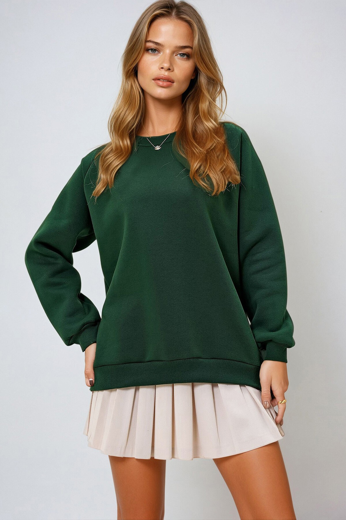 Yeşil Bisiklet Yaka Reglan Kol Üç İplik Şardonlu Basic Sweatshırt