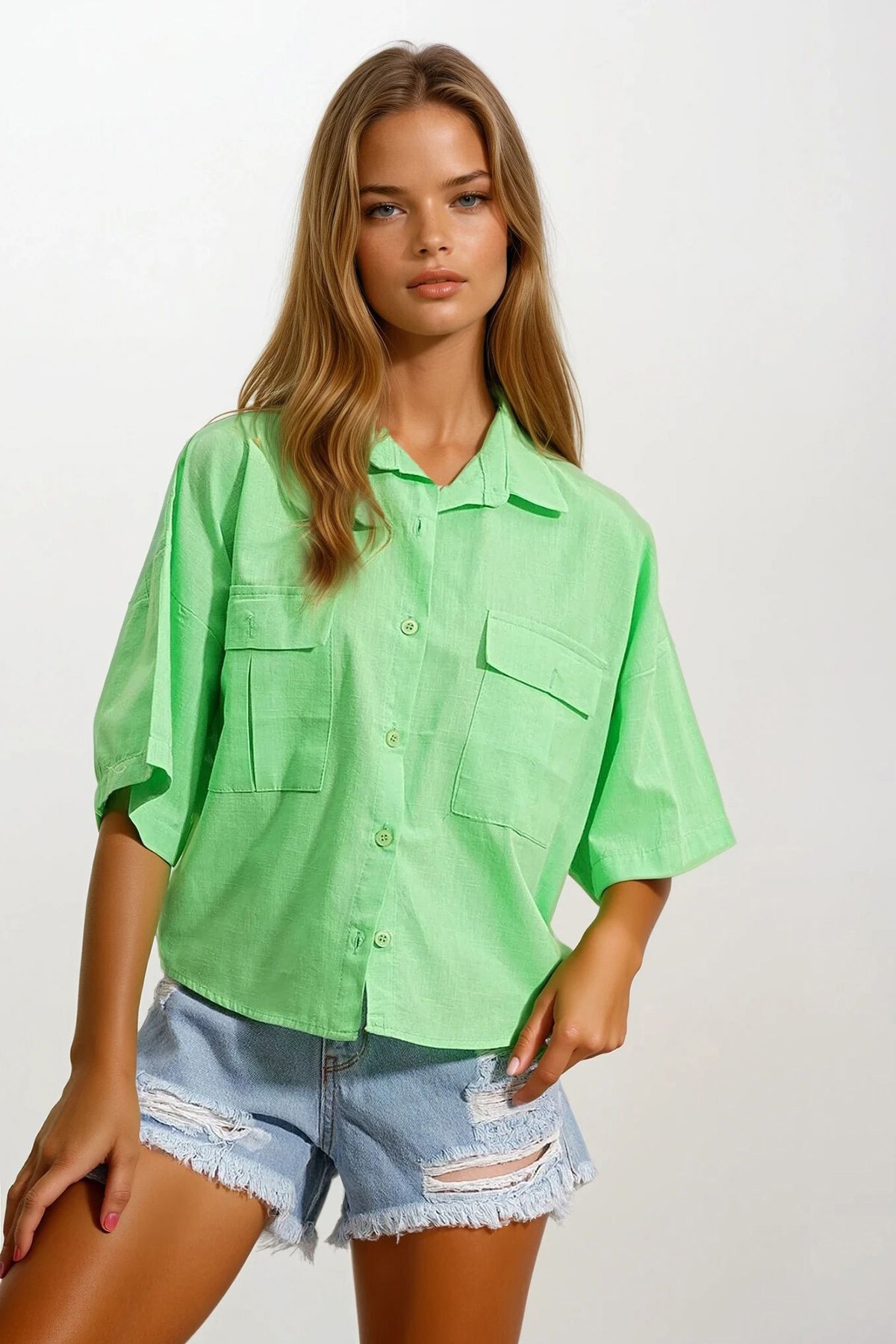 Yeşil Çift Cepli Yarım Kol Keten Gömlek