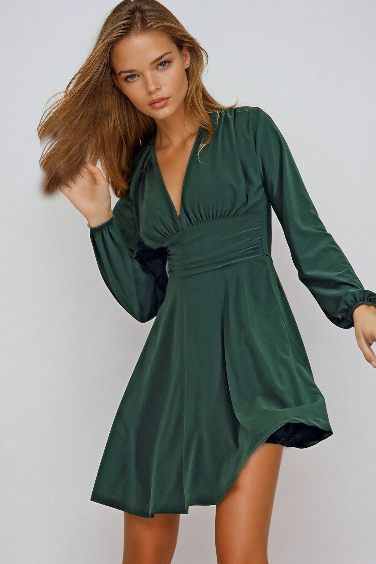 Yeşil Derin V Yaka Kloş Sandy Elbise