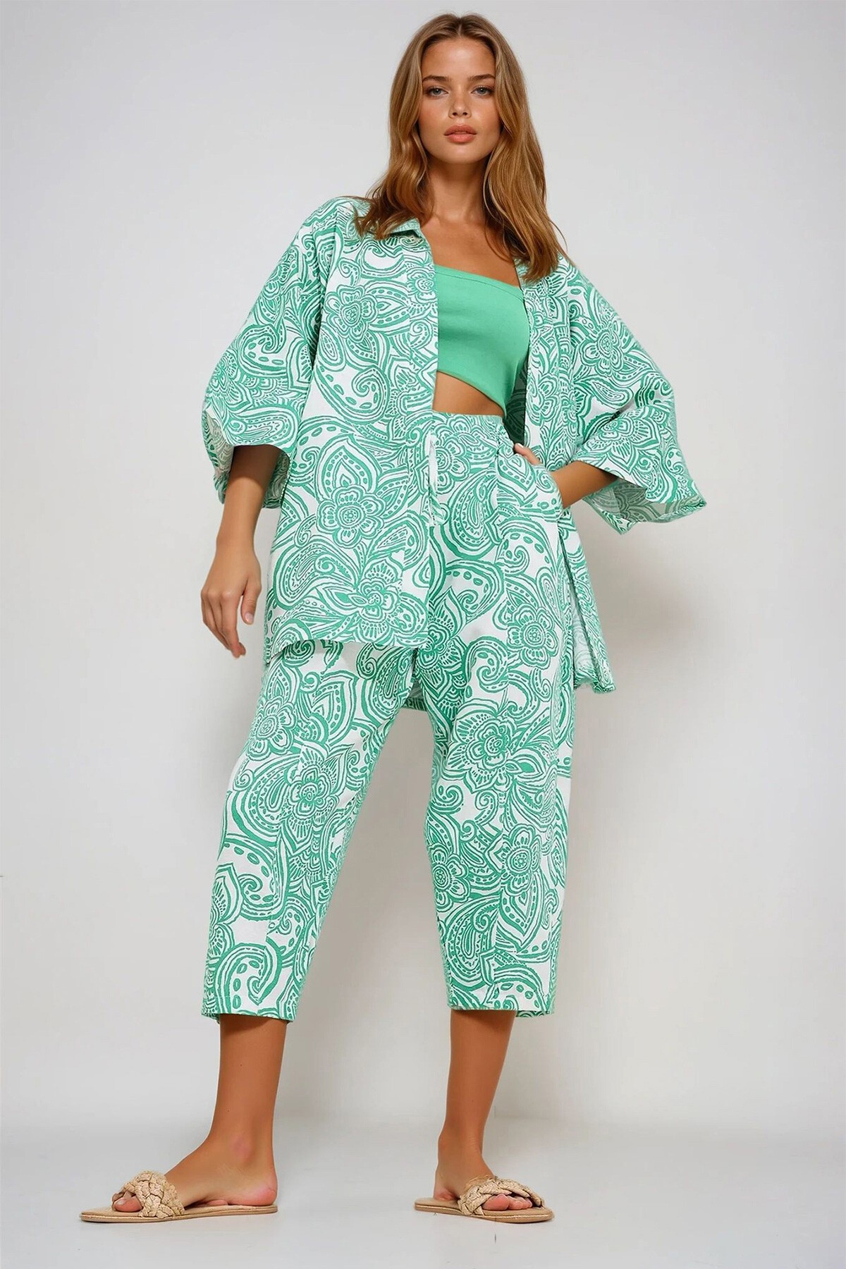 Yeşil Desenli Kimono Ceket Ve Pantolonlu Keten Dokuma Alt Üst Takım