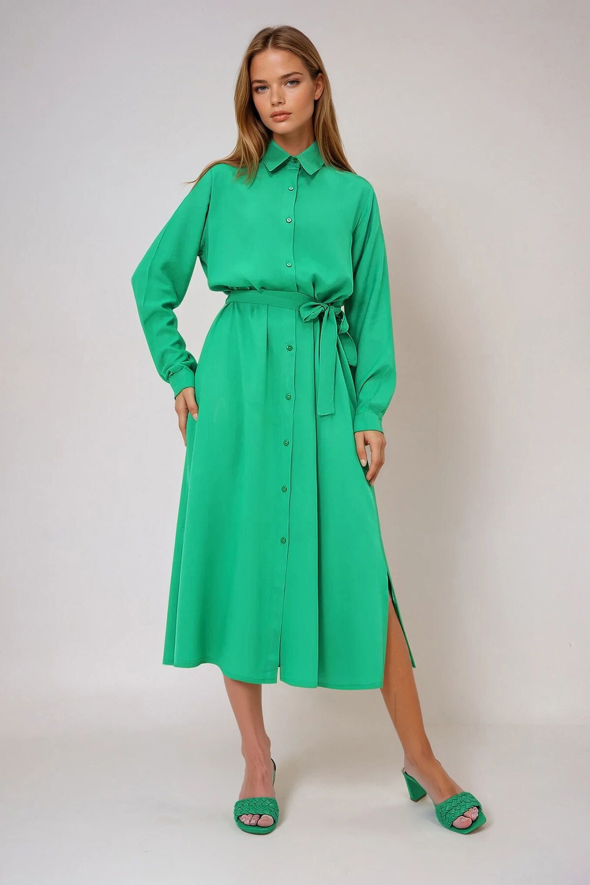 Yeşil Dokuma Viskon Gömlek Elbise