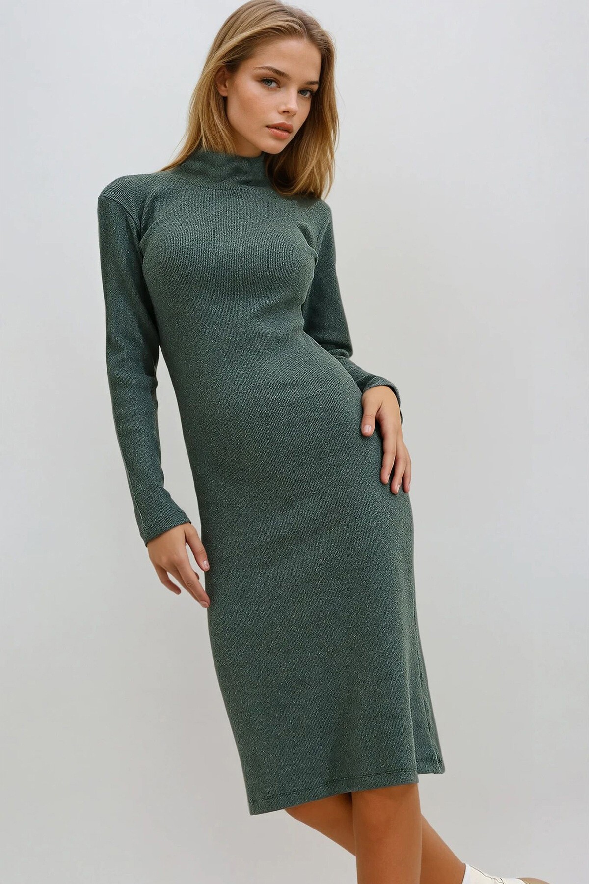 Yeşil Fitilli Bodycon Balıkçı Yaka Örme Elbise