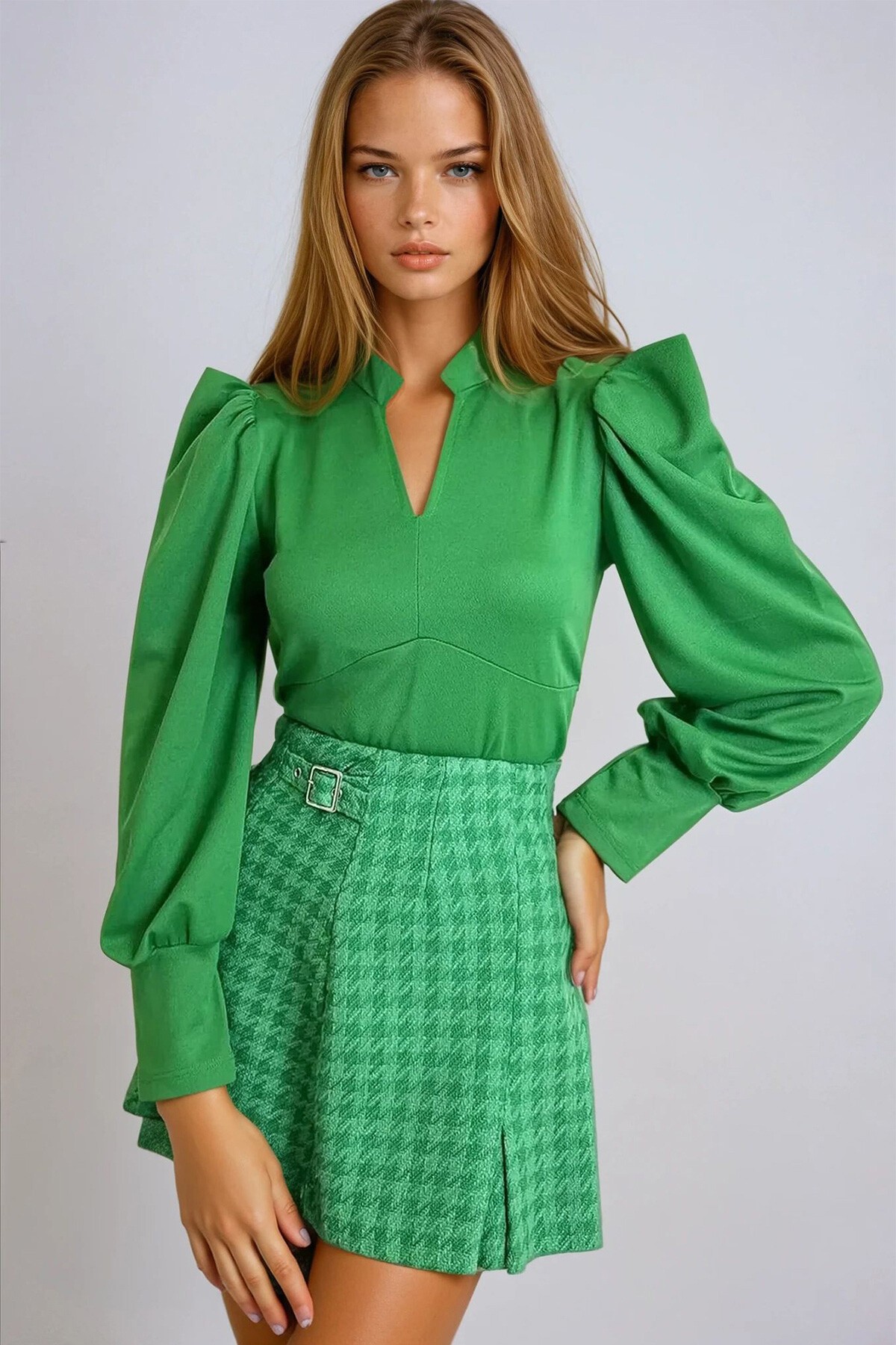 Yeşil Hakim Yaka Prenses Kol Dokuma Crop Bluz