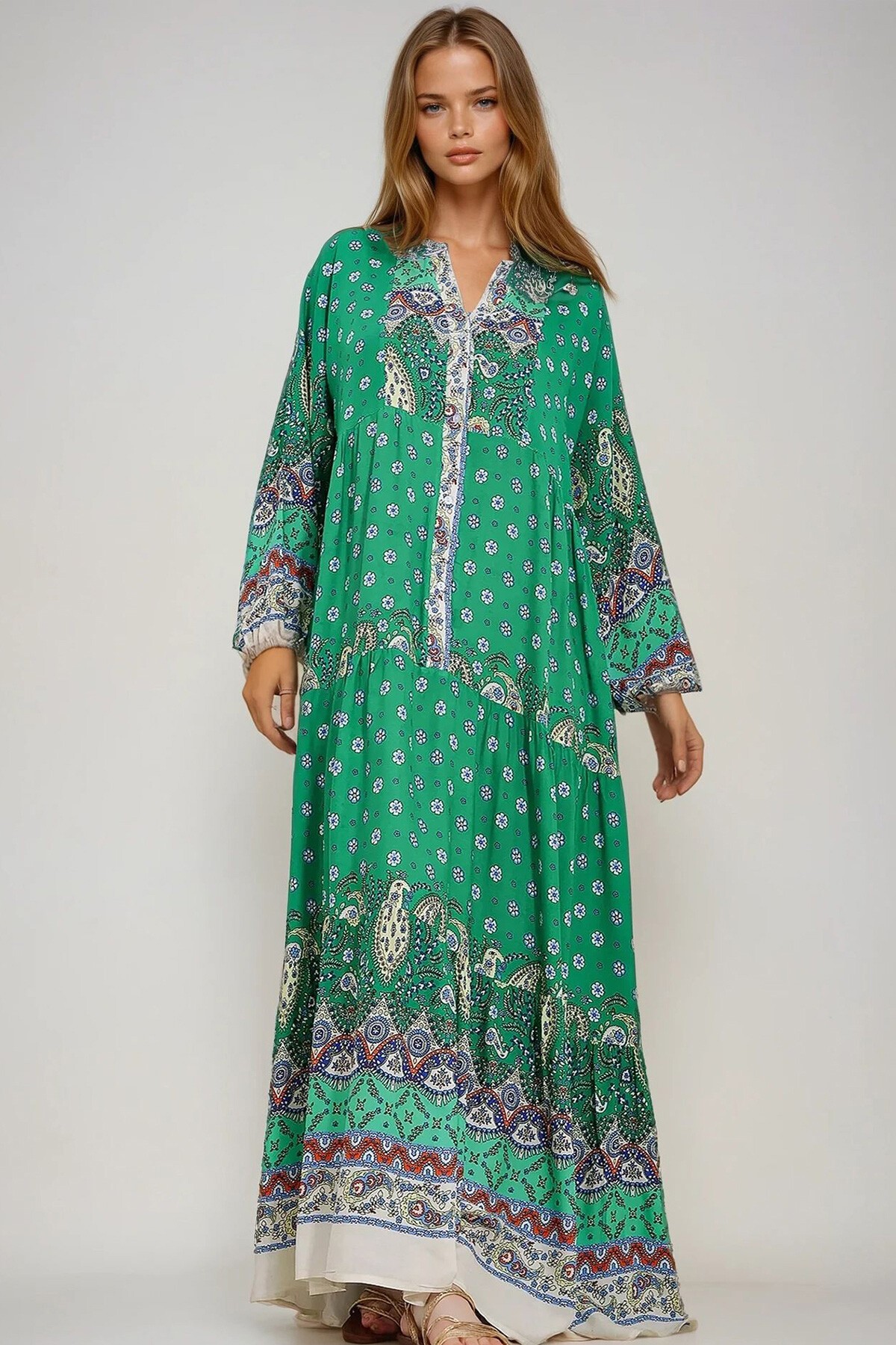 Yeşil Hakim Yaka Şal Desenli Maxi Boy Elbise