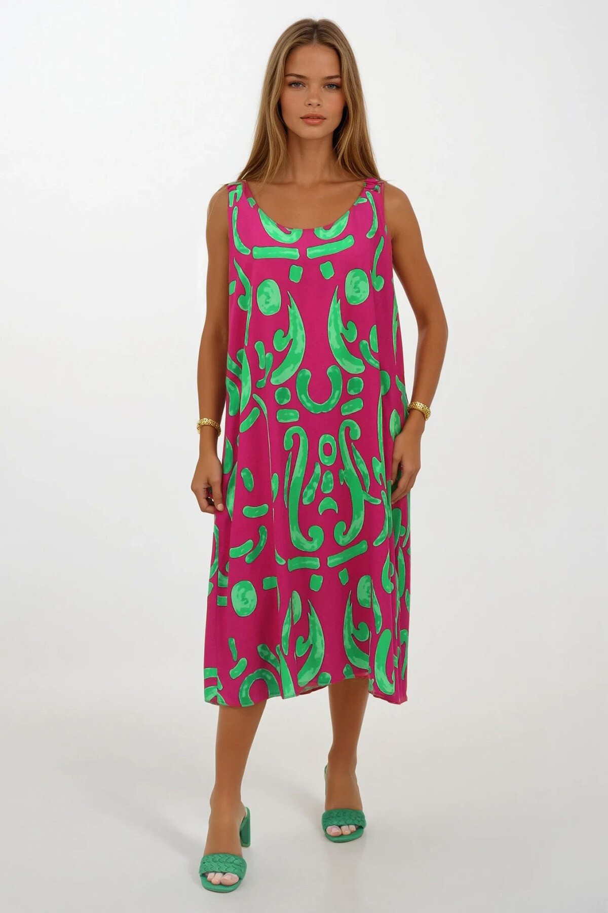 Yeşil Omuzları Lastikli Kolsuz Rahat Kesim Desenli Elbise