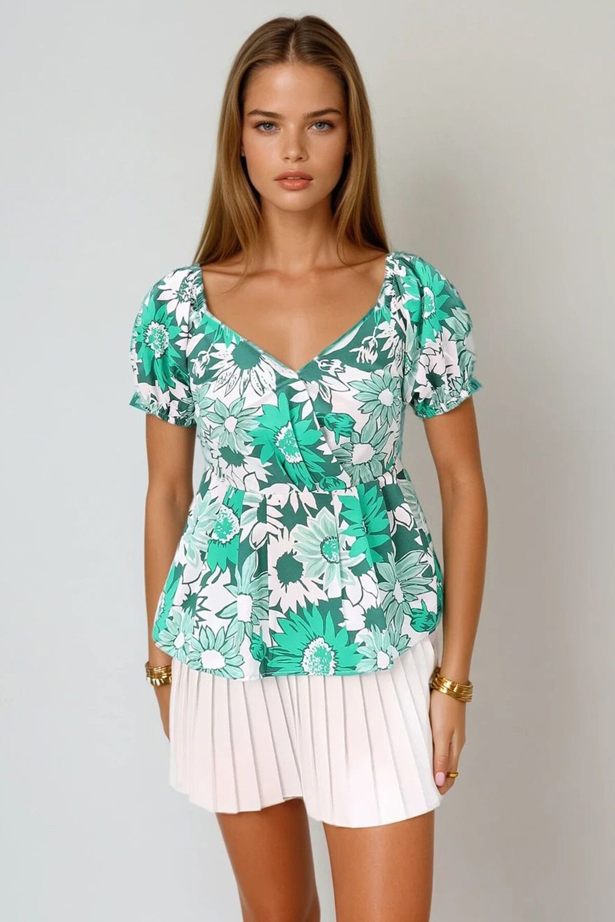 Yeşil Öpücük Yaka Karpuz Kol Desenli Poplin Bluz