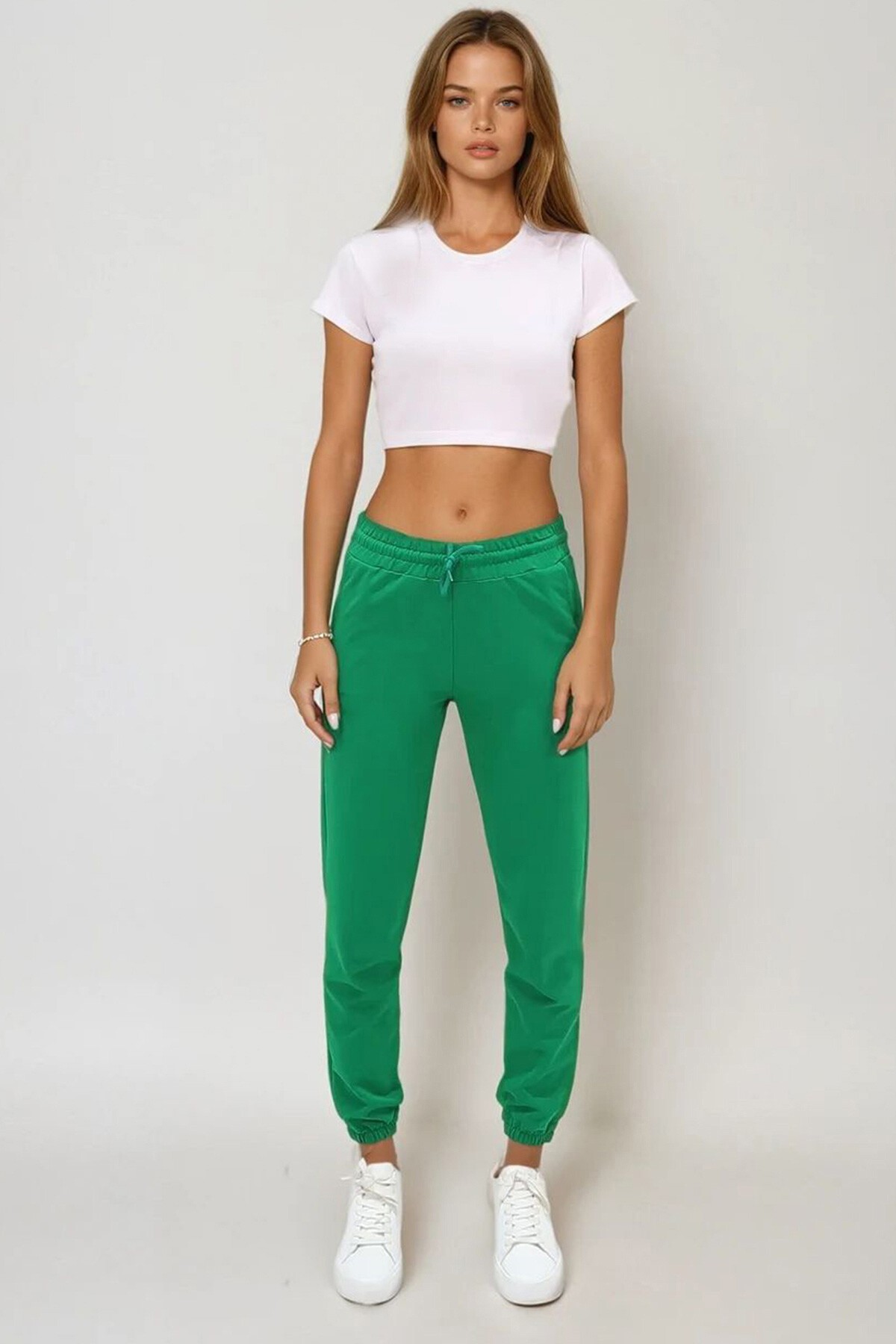 Yeşil Paçası Lastikli İki İplik Eşofman Altı