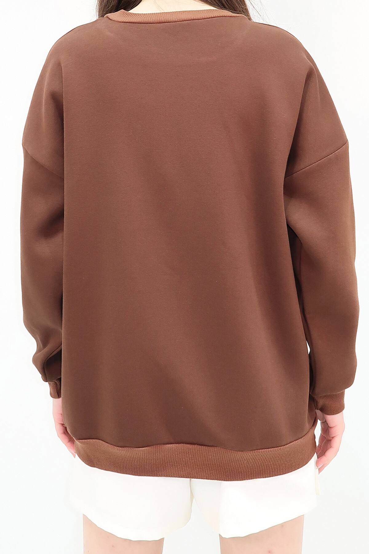 Acı Kahve Bisiklet Yaka 3 İplik İçi Şardonlu Nakışlı Oversize Sweatshirt