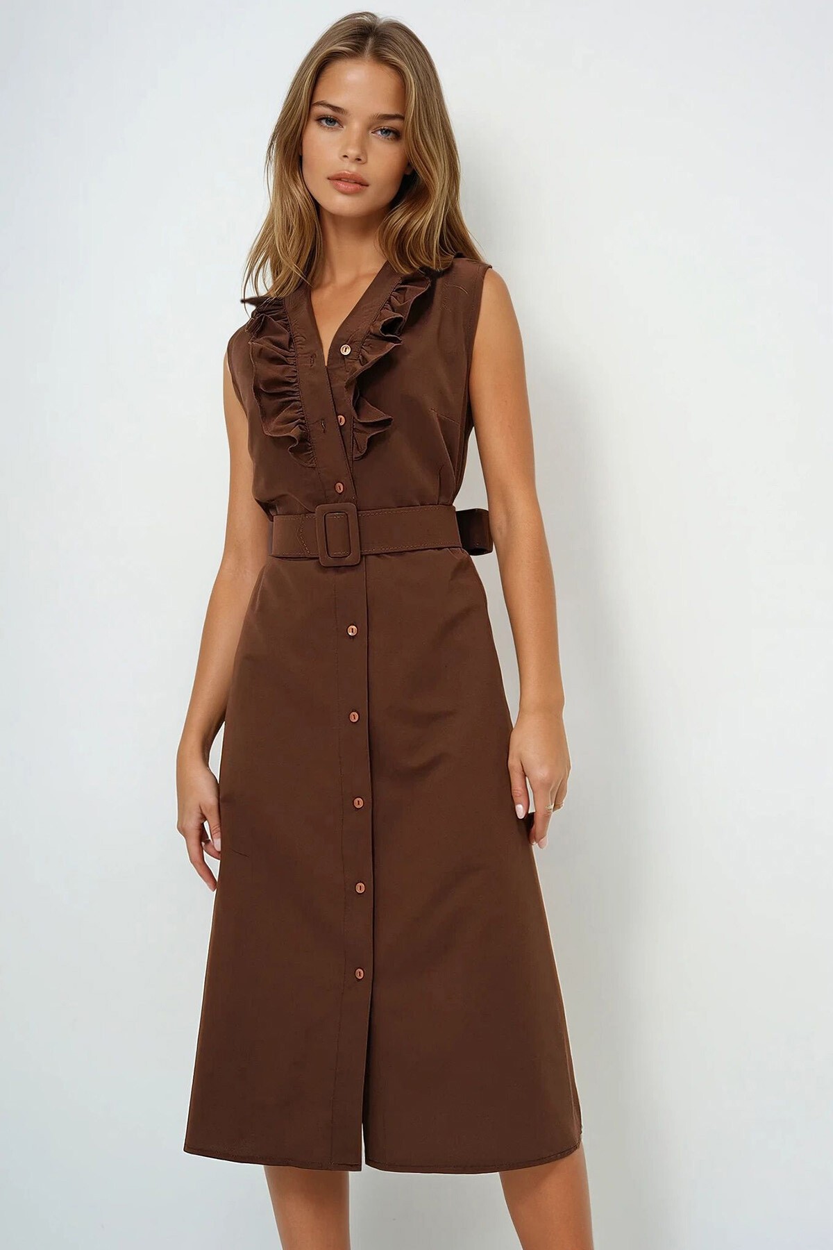 Acı Kahve Önü Fırfırlı Kemerli Poplin Dokuma Elbise