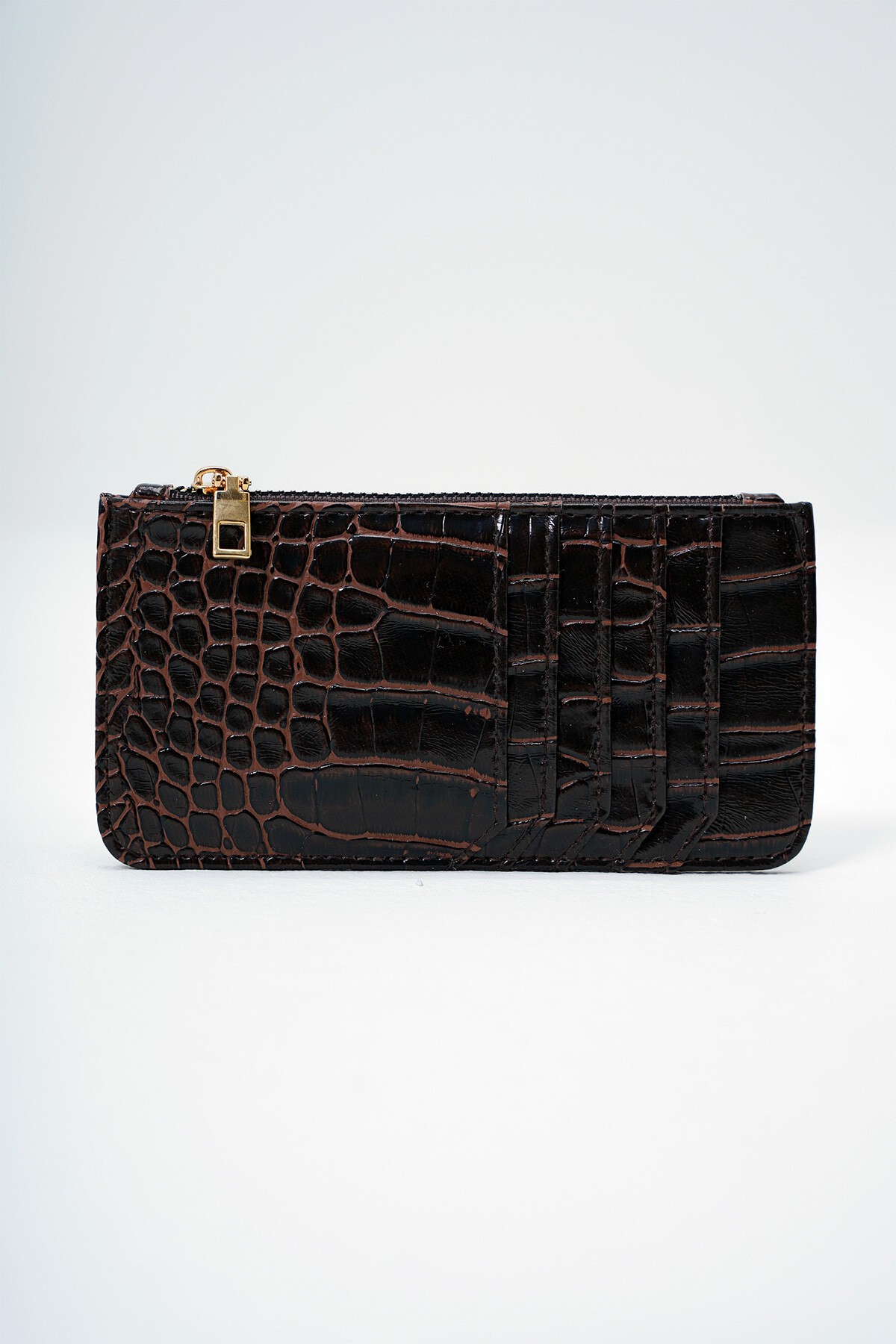 Acı Kahve Suni Deri Fermuarlı Para Bölmeli Croco Desen İnce Kartlık