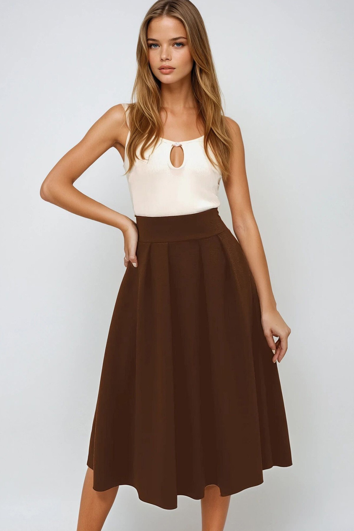 Acı Kahve Yüksek Bel Geniş Kemerli Gizli Fermuarlı Midi Boy Dokulu Etek