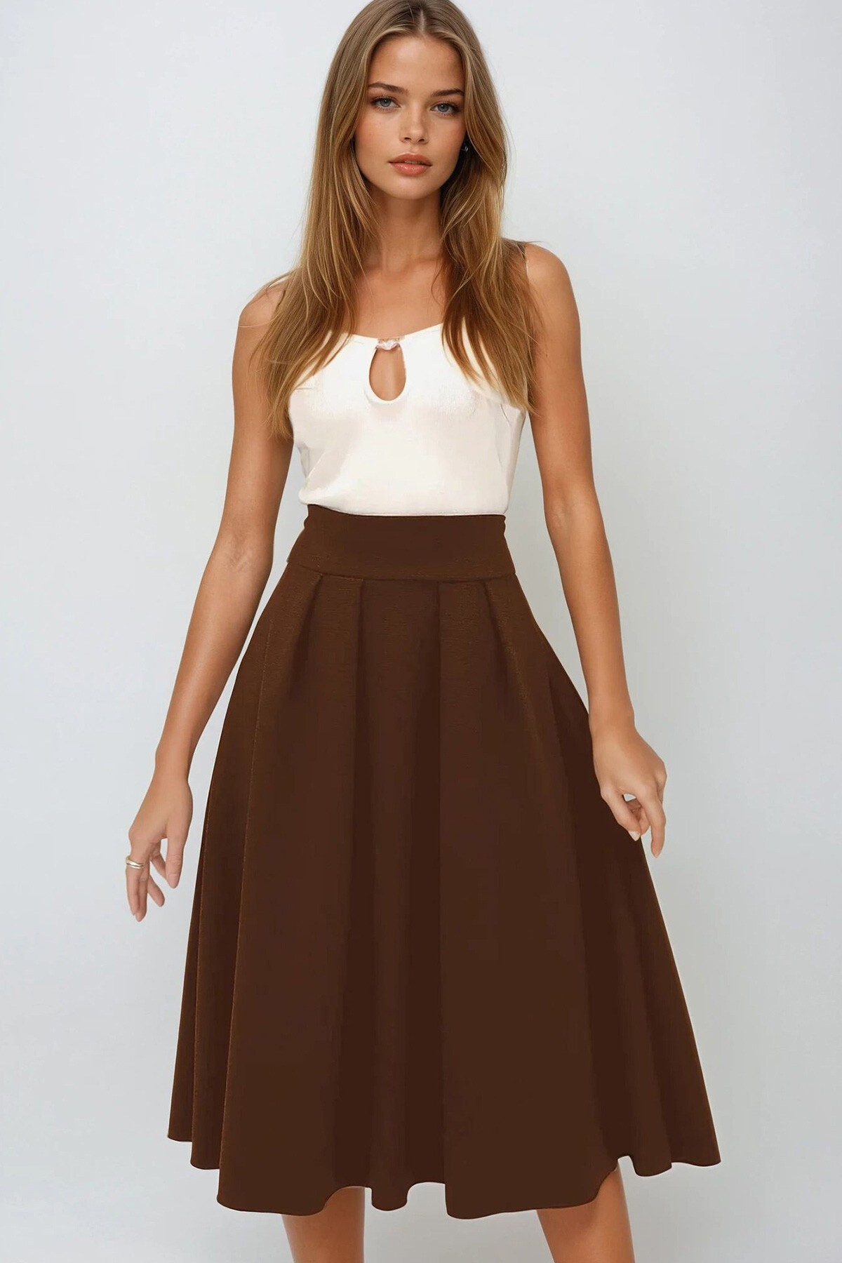 Acı Kahve Yüksek Bel Geniş Kemerli Gizli Fermuarlı Midi Boy Dokulu Etek