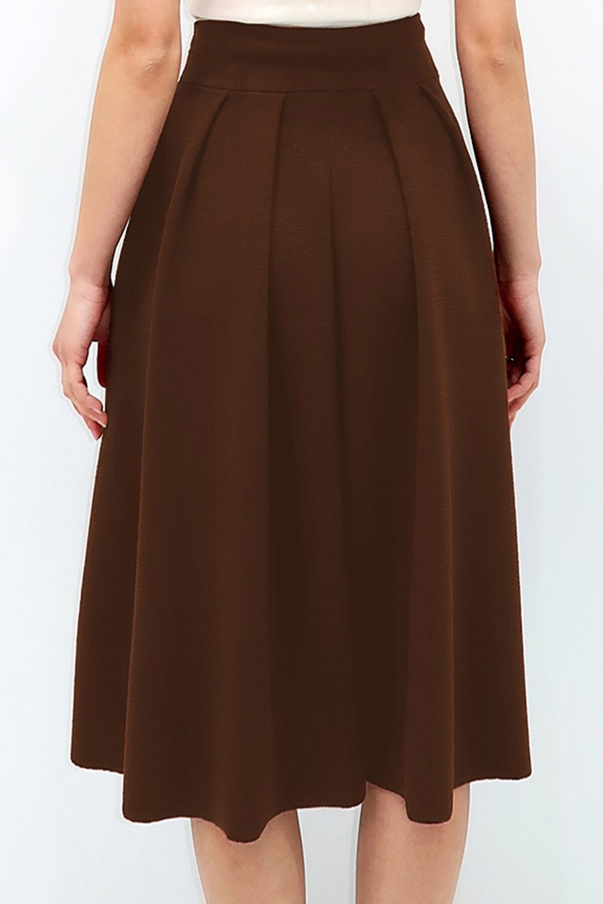 Acı Kahve Yüksek Bel Geniş Kemerli Gizli Fermuarlı Midi Boy Dokulu Etek