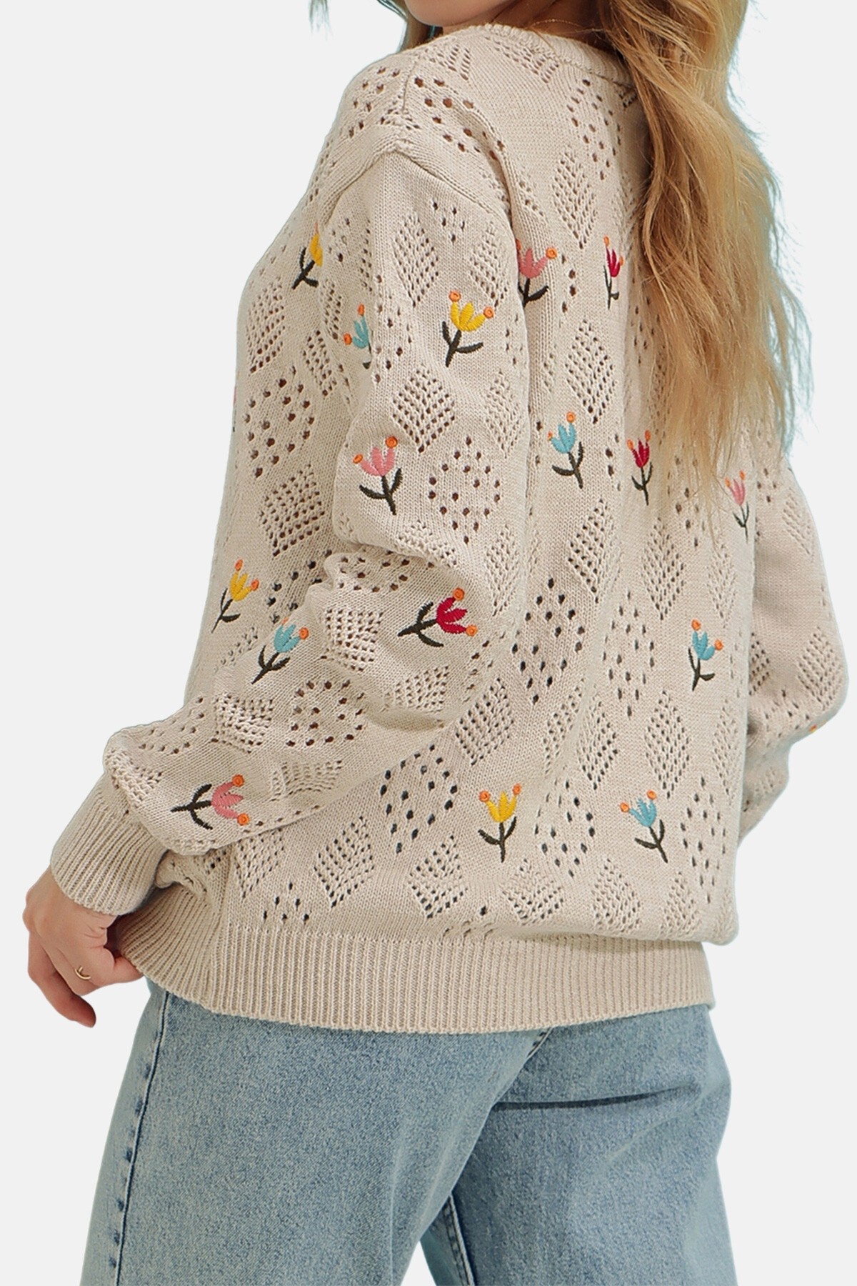 Açık Bej Bisiklet Yaka Delik Ajurlu Ve Nakışlı Triko Kazak