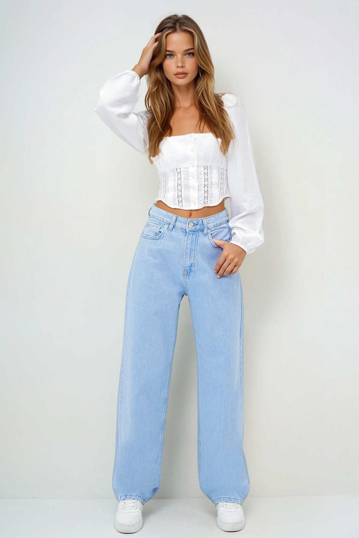Açık Mavi Yüksek Bel Buggy Kesim Jean Pantolon