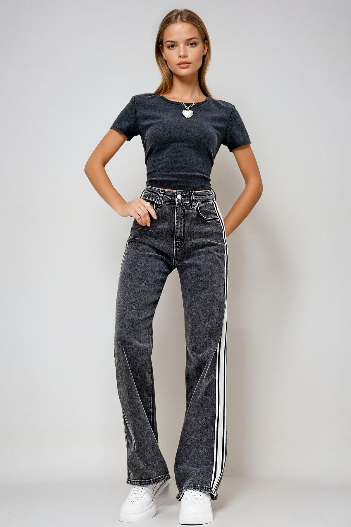 Antrasit 5 Cepli Yıkamalı Şerit Detaylı Mom Jeans