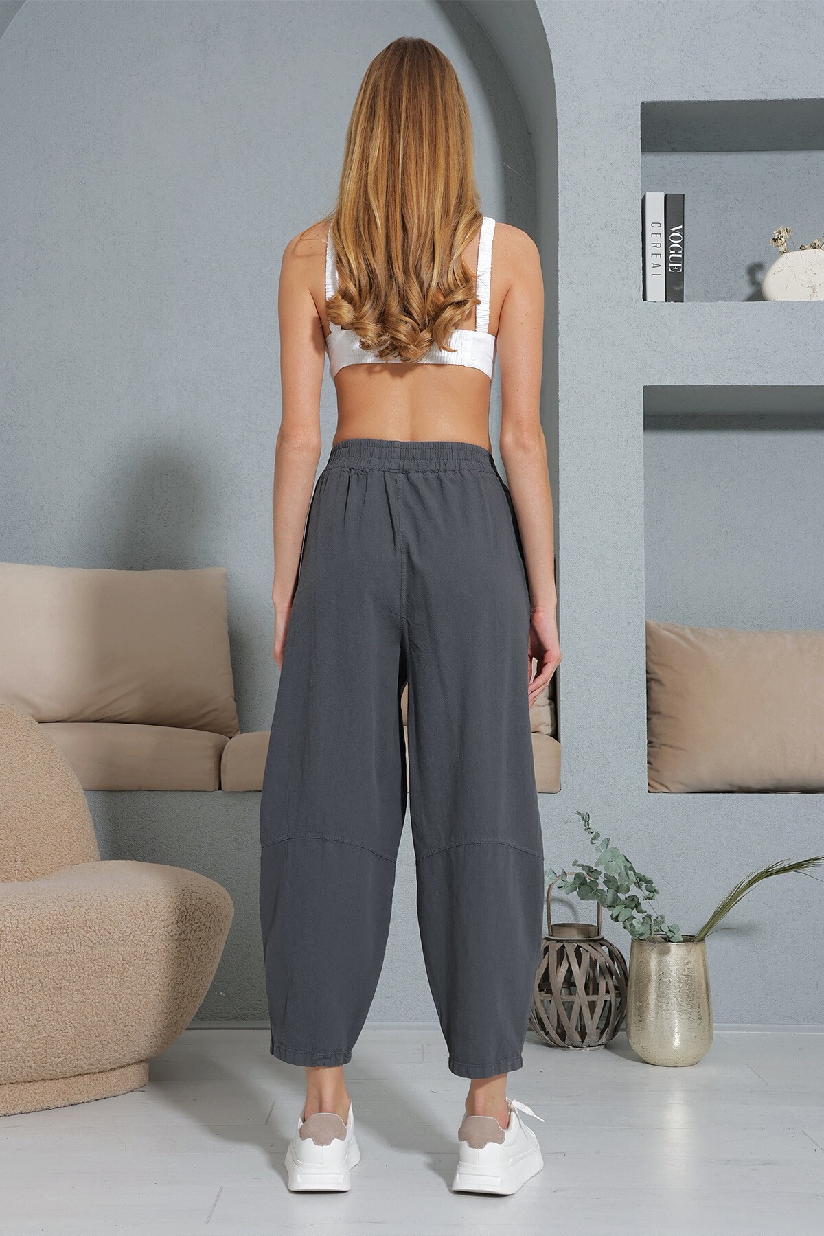 Antrasit Beli Lastikli Çift Cepli Dizleri Dikiş Detaylı Şalvar Kesim Gabardin Pantolon