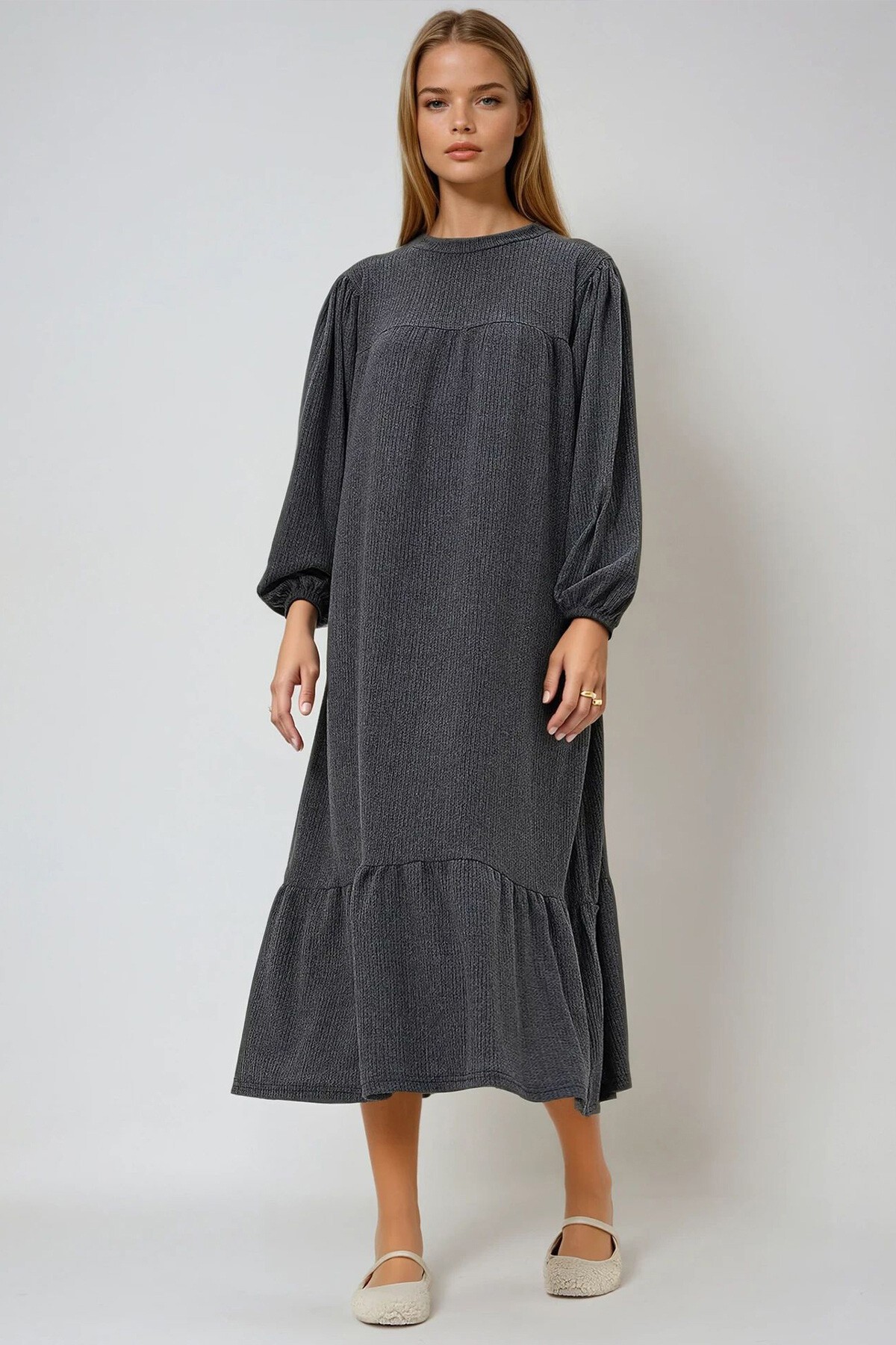 Antrasit Bisiklet Yaka Balon Kol Eteği Volanlı Maxi Boy Elbise