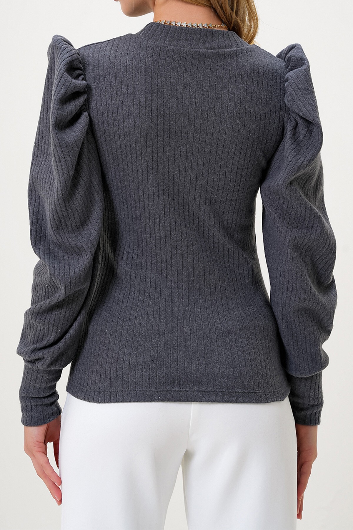 Antrasit Bisiklet Yaka Damla Dekolteli Prenses Kol Triko Bluz