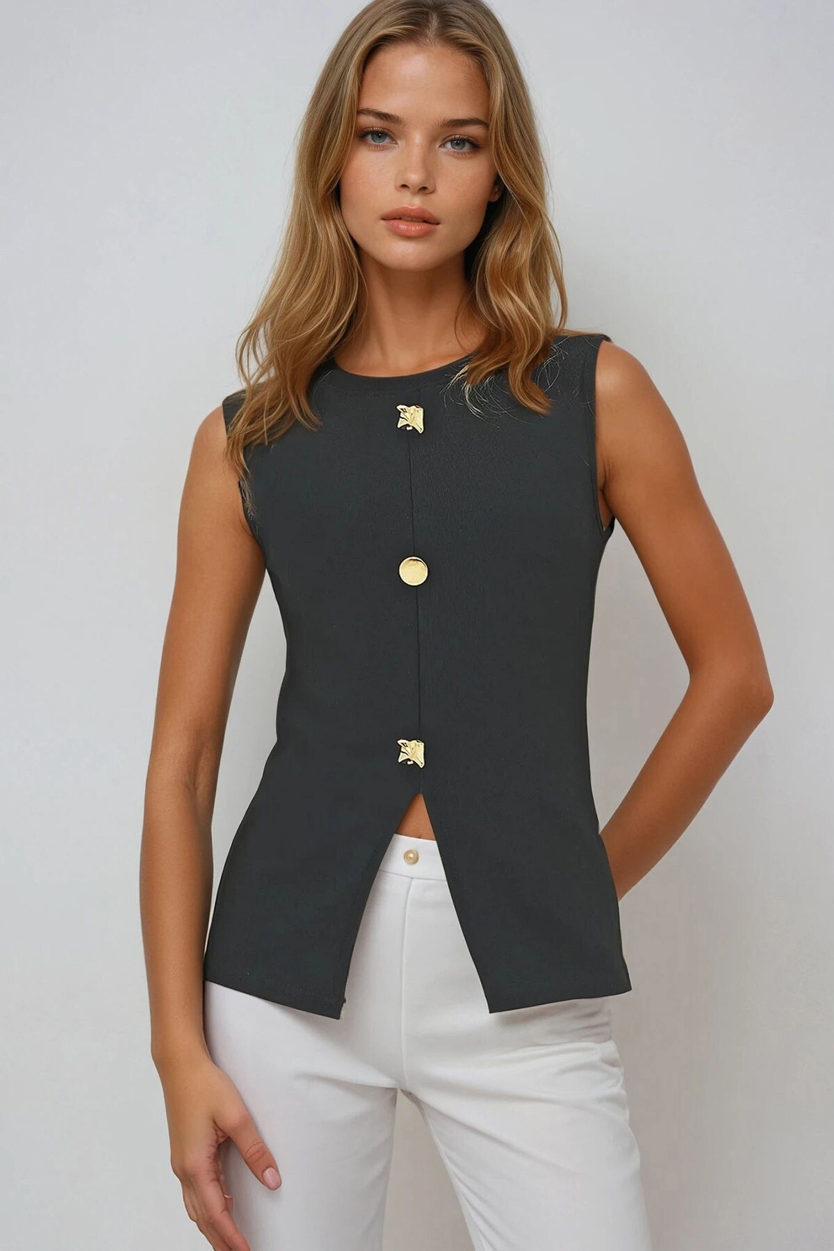 Antrasit Bisiklet Yaka Gold Düğmeli Ottoban Bluz