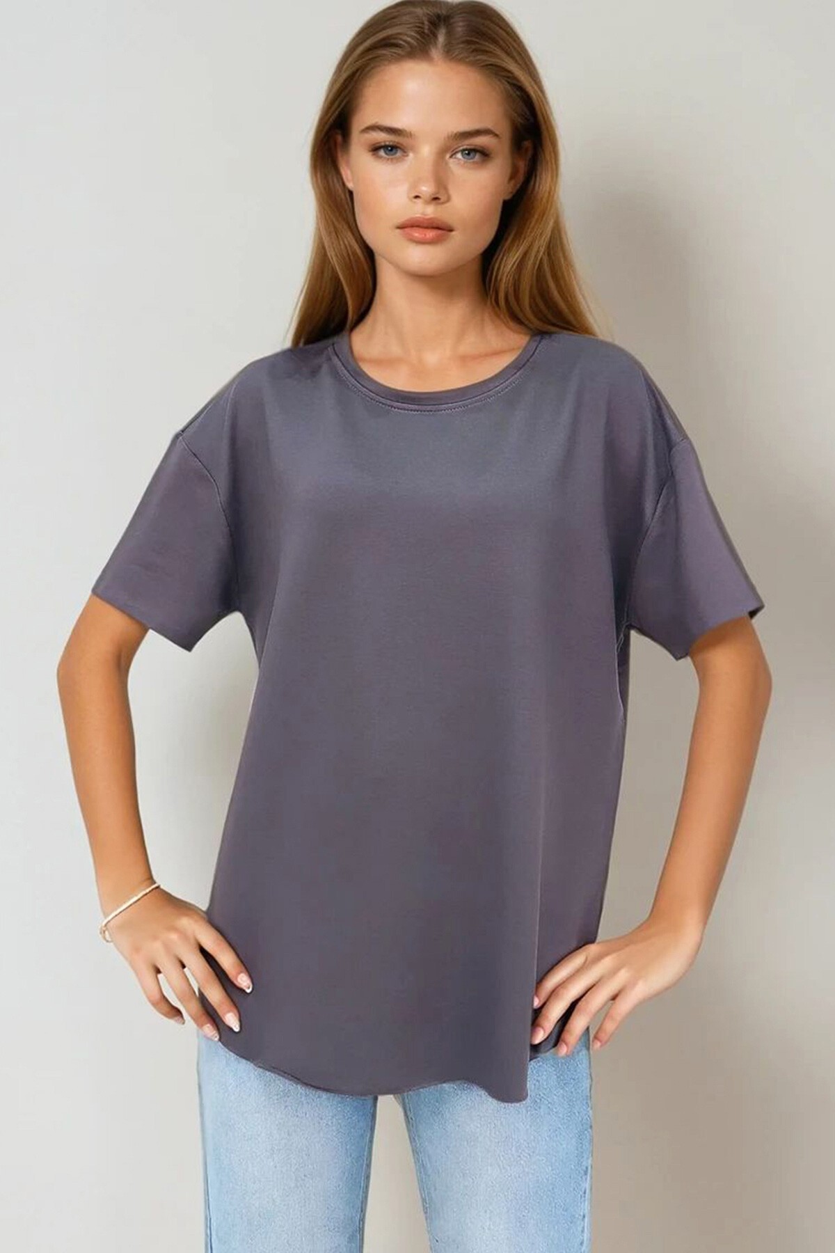 Antrasit Bisiklet Yaka Oval Kesim Modal T Shirt