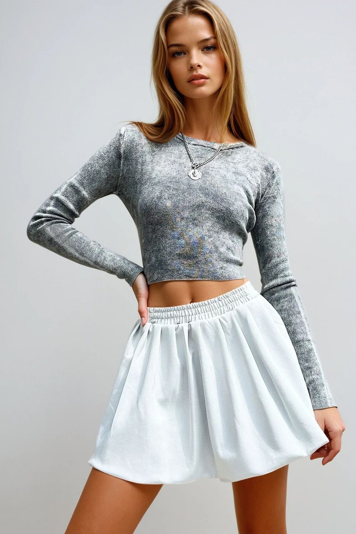 Antrasit Bisiklet Yaka Soluk Efektli Bluz