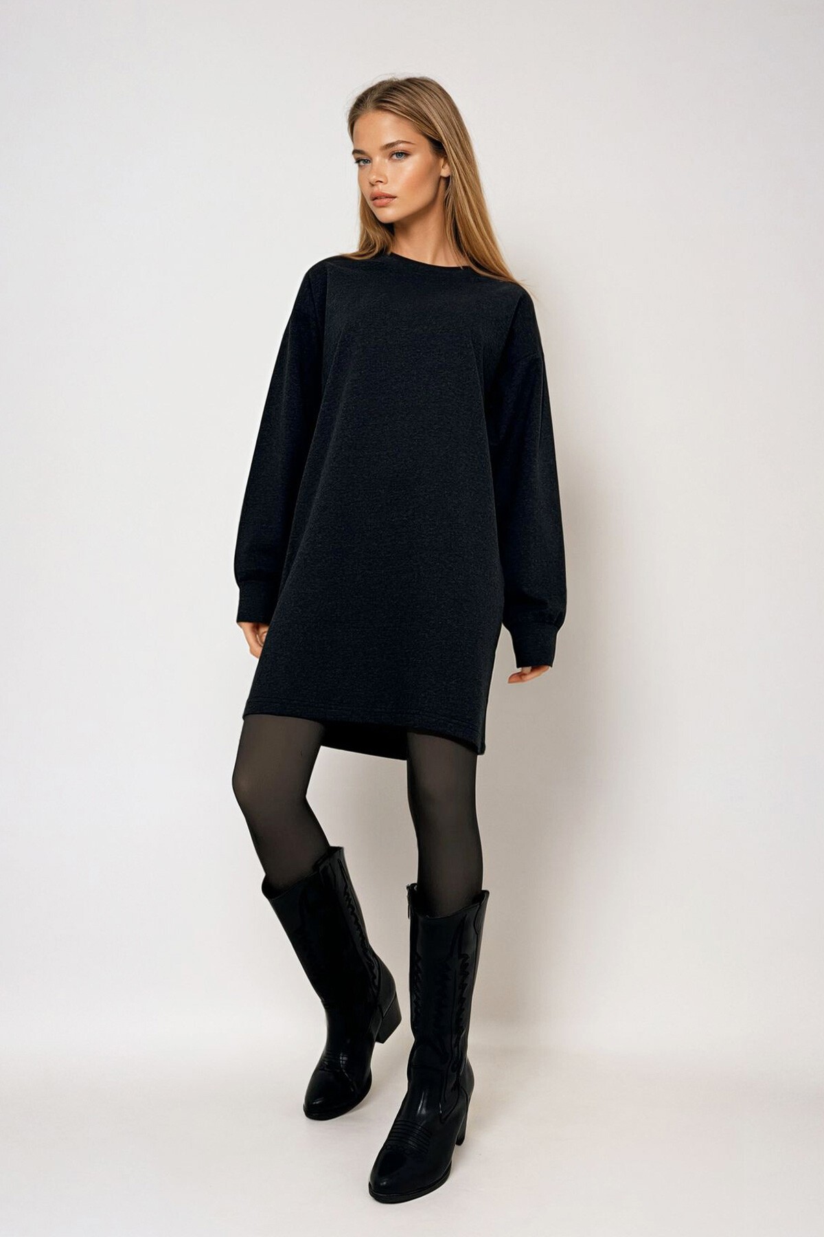 Antrasit Bisiklet Yaka Sweatshirt Elbise