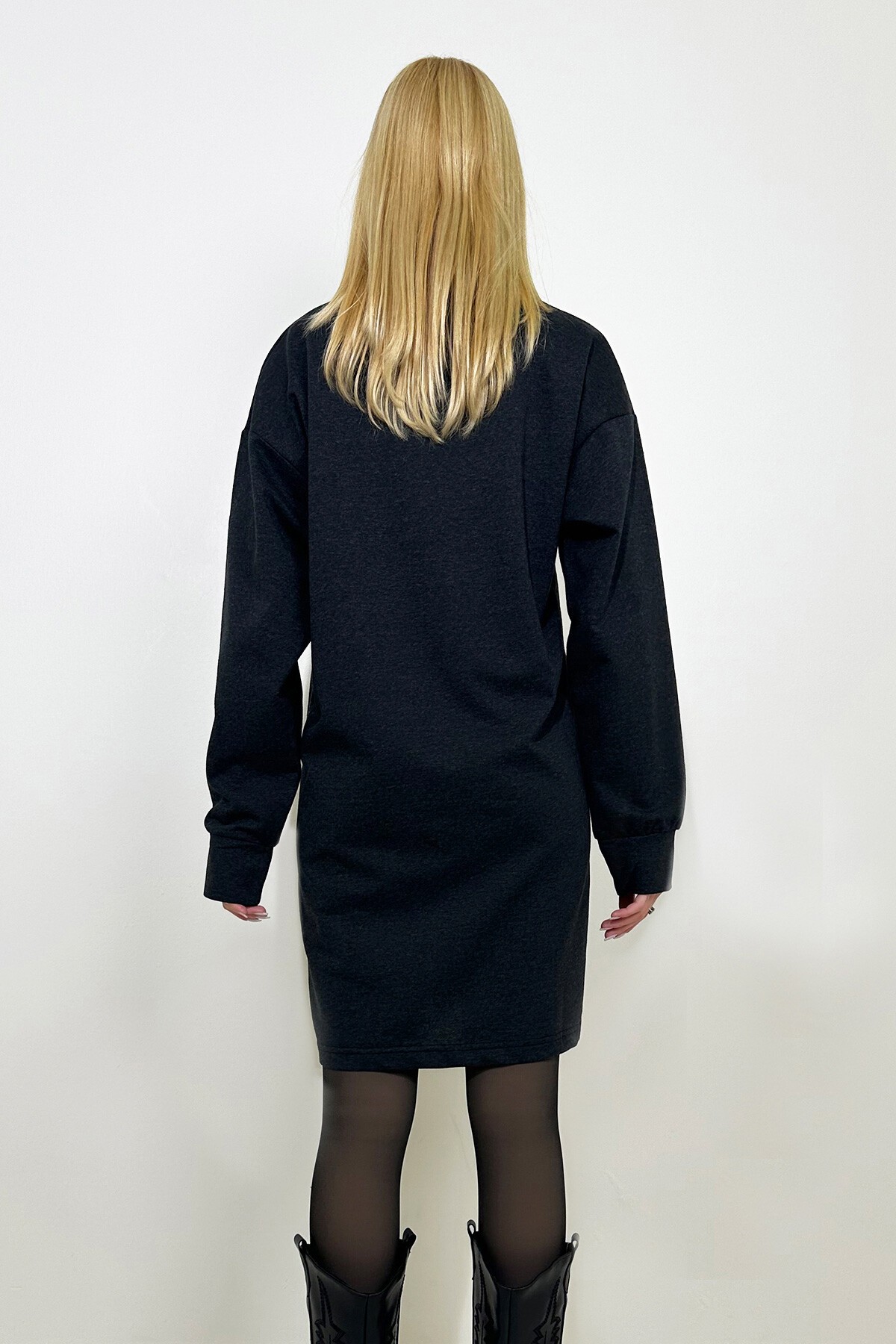 Antrasit Bisiklet Yaka Sweatshirt Elbise