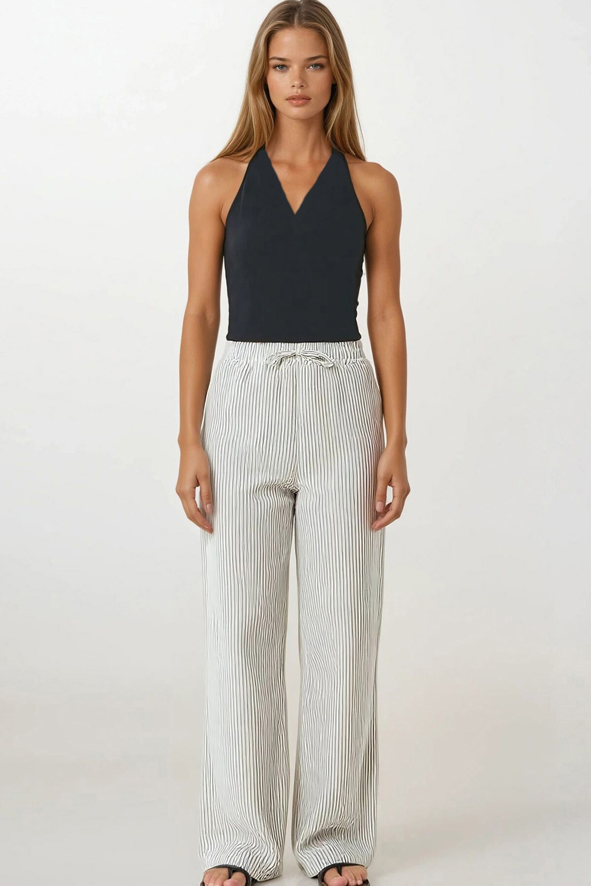 Antrasit Çift Cepli Çizgili Müslin Palazzo Pantolon