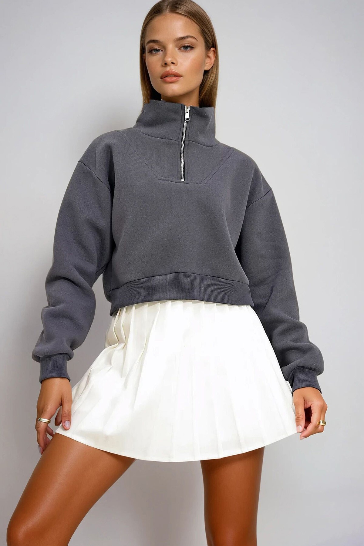 Antrasit Dik Yaka Fermuarlı Sweatshirt